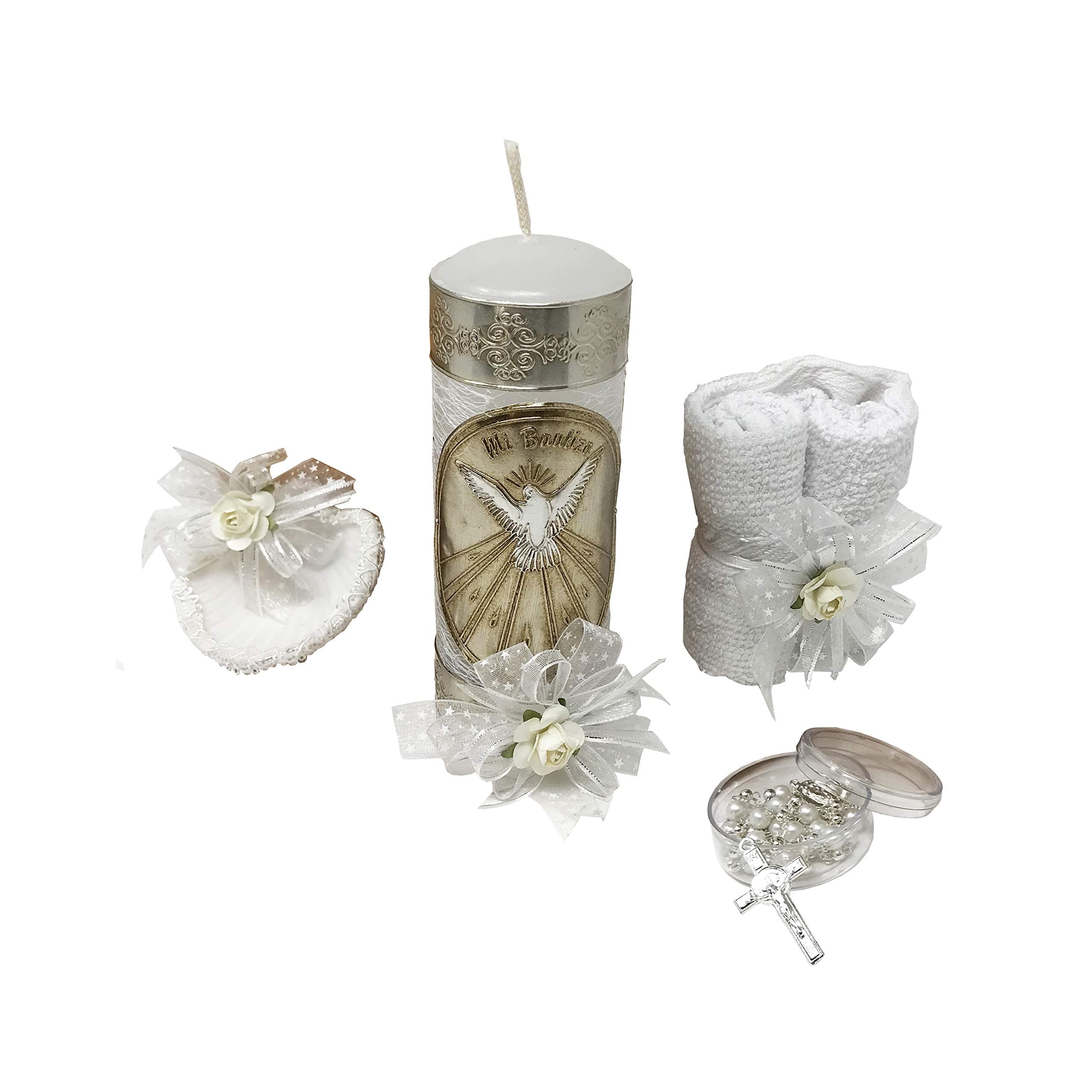Arcangeles Mexicanos Catholic Baptism Candle Set in a Wooden Box with Towel, Candle, Rosary and Shell for Baby Boys and Girls. Handmade in Mexico