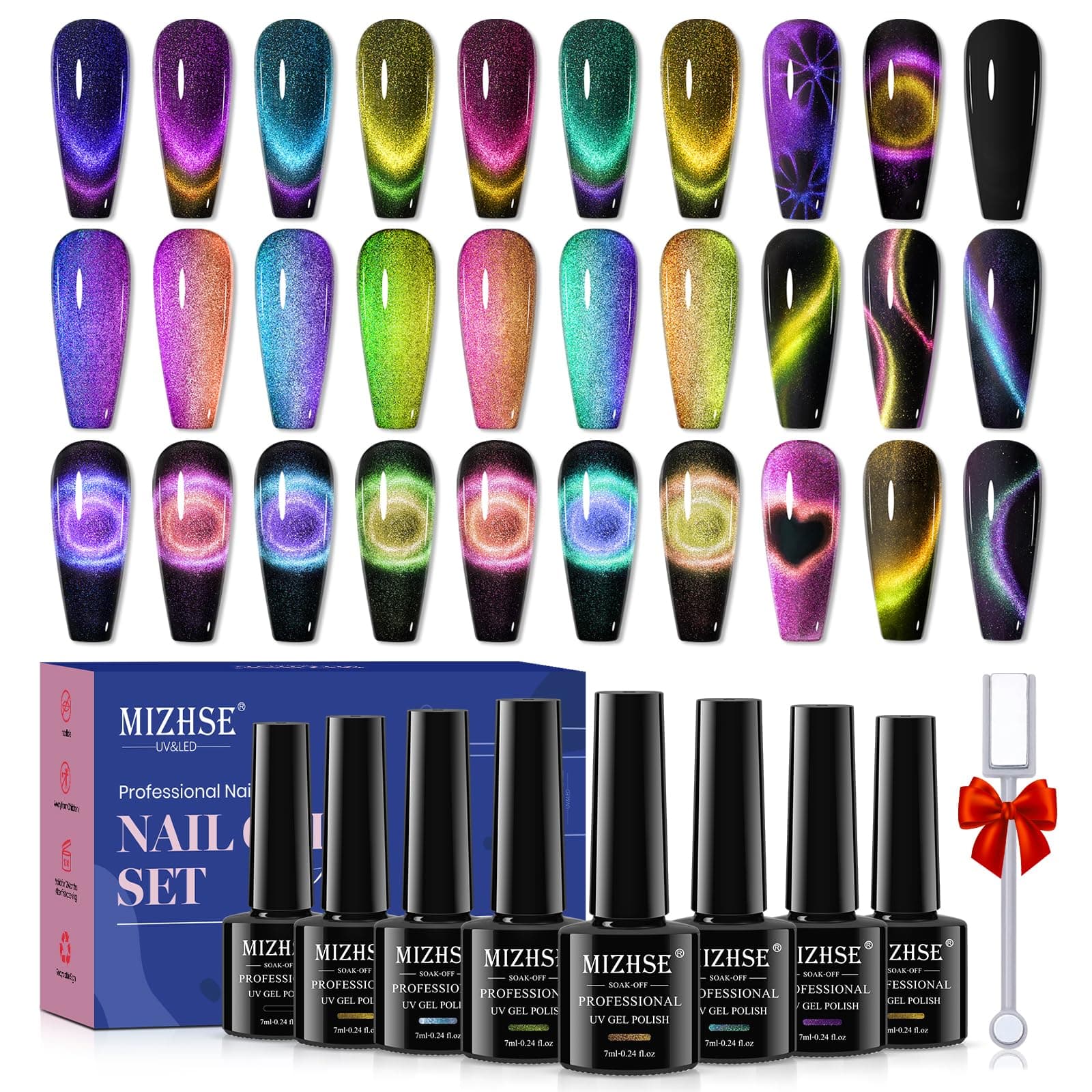 MIZHSE 8 Colors 9D Cat Eye Gel Nail Polish, Magnetic Gel Polish Kit with Magnet Stick, Galaxy Glitter Chameleon Effect Silk Velvet Cat Eye Nail Polish Soak Off Nail Art Design Ladies Gift