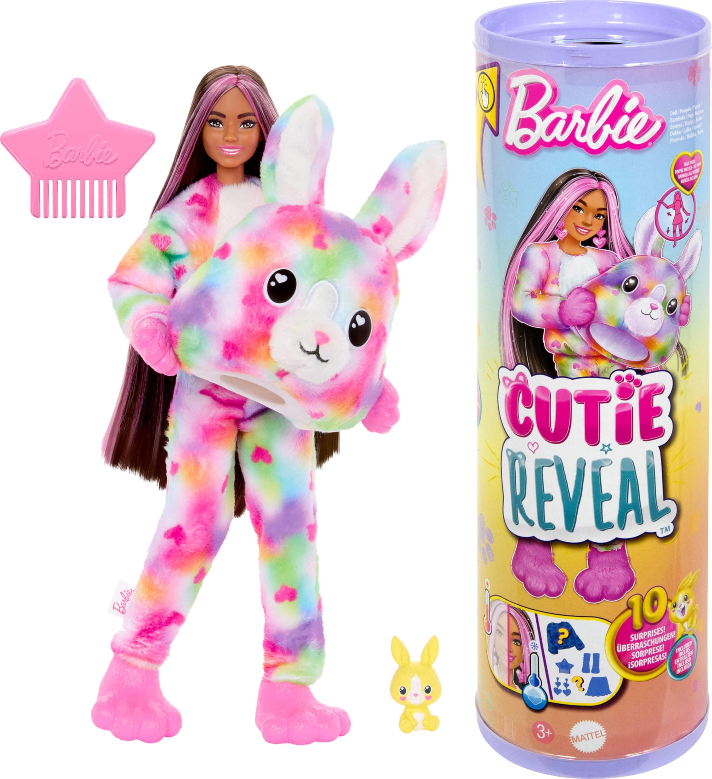 Barbie Cutie Reveal Doll and Accessories with Plush Tie-Dye Bunny Costume and 10 Surprises Including Colour Changing, Colorful Dream Series, HRK38