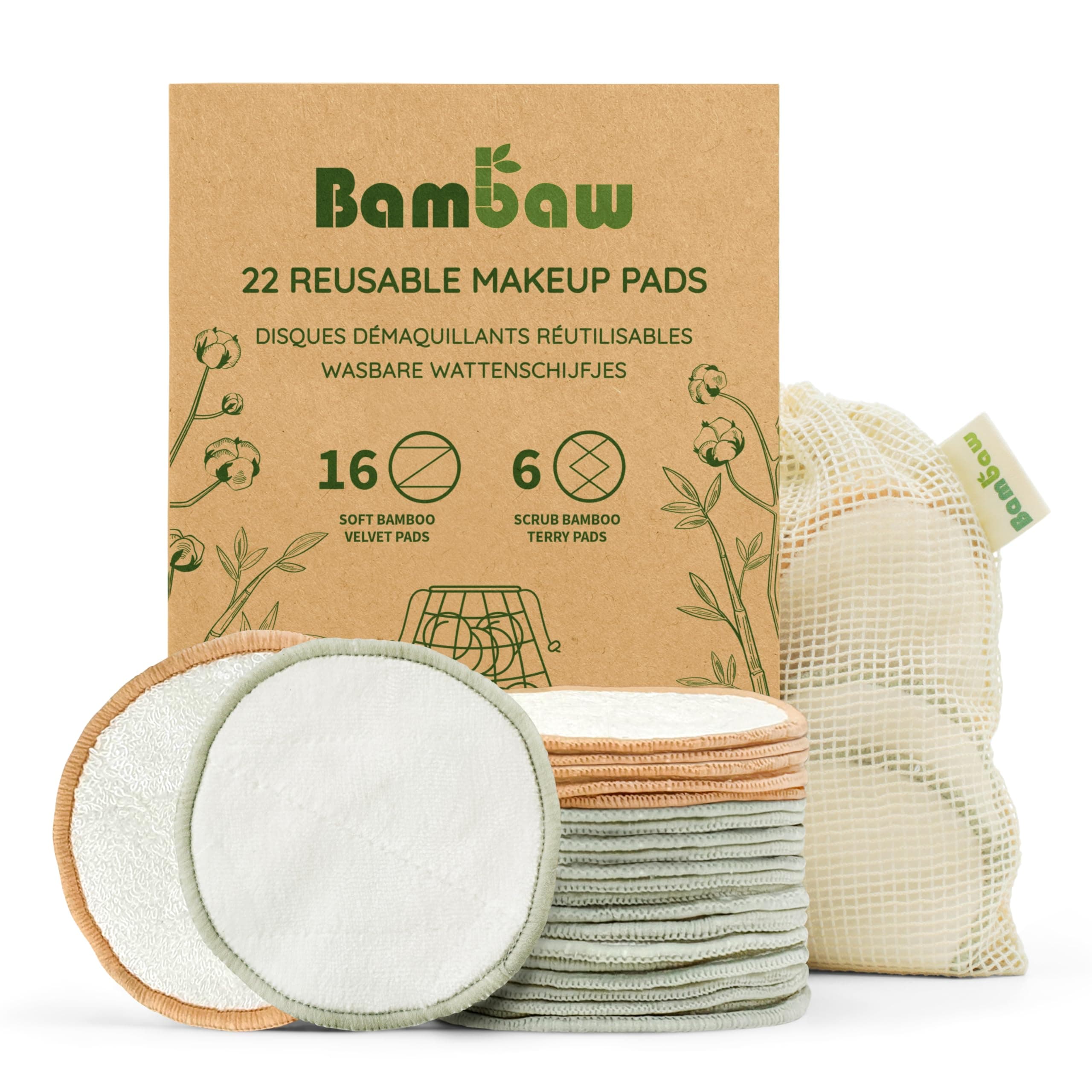 Bambaw Reusable Make Up Pads, 22 Bamboo Pads with Laundry Bag, Eco-Friendly Cleansing Cotton Buds, Reusable Buds for Eyes and Face, Zero Waste, Make Up Cotton Wool Pad