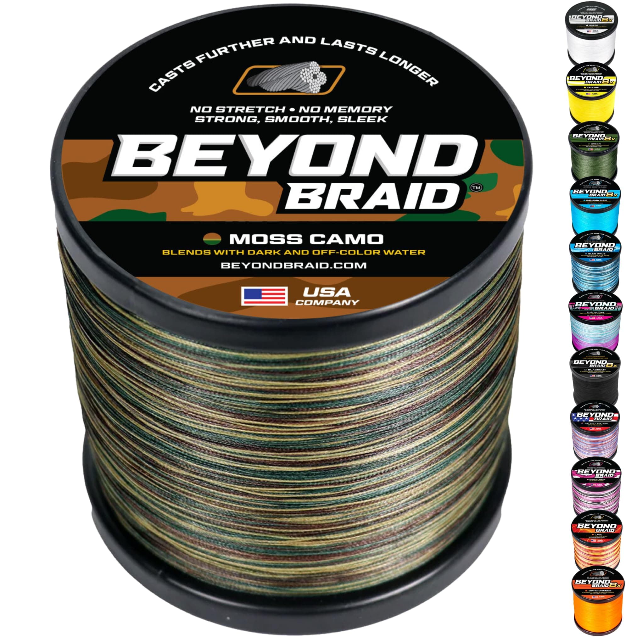 Braided Fishing Line -Super Strong - Abrasion Resistant - No Stretch -Blue Camo, Moss Camo, White, Green, Pink, Blue, 4 Strand 8 Strand