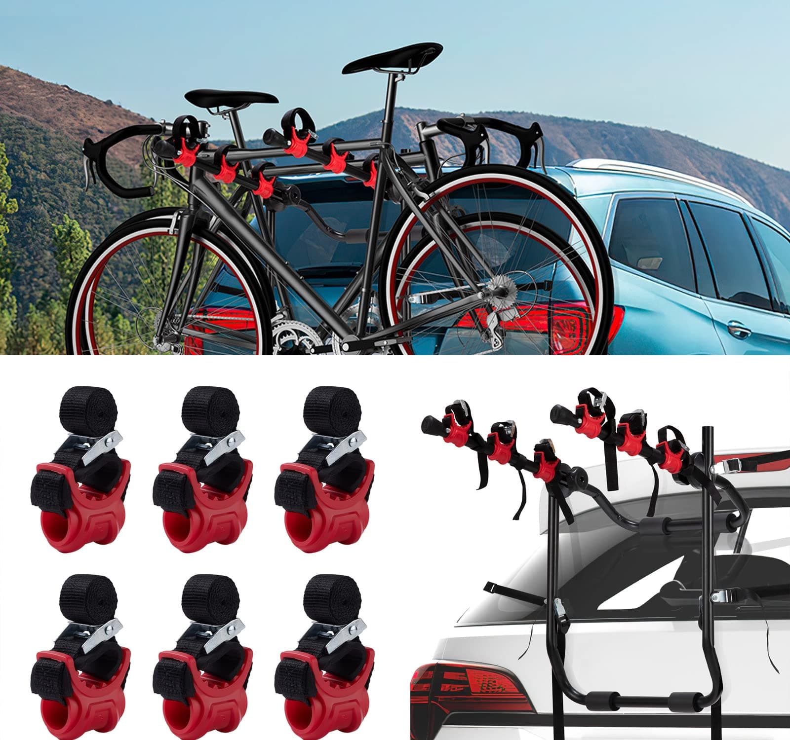 6Pcs/Set Bike Rack Hitch Mount Bicycle Car Bike Rack Strap Replacement Cradles Cargo Carrier Spare Hooks with Rubber Straps 1-1/4"&2" Bike Rack PartsTruck Hitch Red&Black Tie-Down Straps