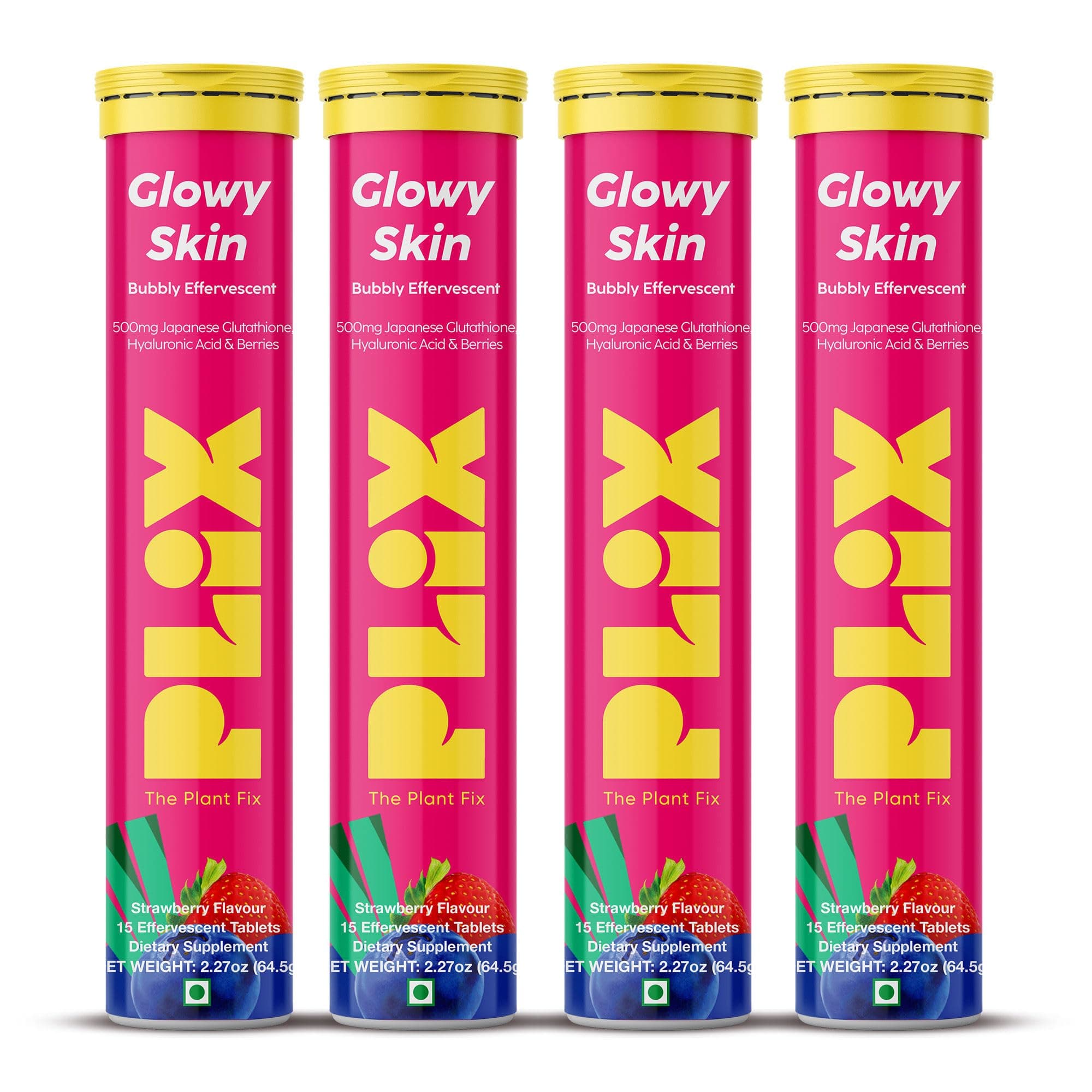 PLIX Glowy Skin 500mg Glutathione Supplement with Hyaluronic Acid, Vitamin C, E & Berries | 60 Effervescent Tablets, Strawberry Flavor