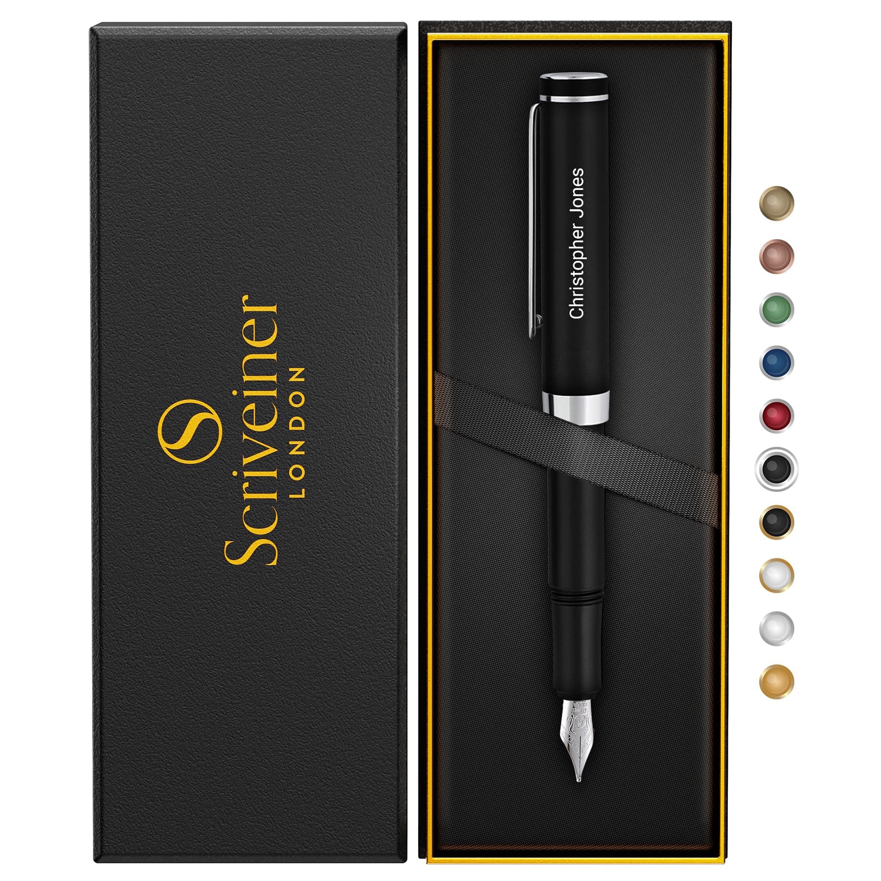 Scriveiner Personalized Luxury EDC Fountain Pen (Medium), Stunning Matt Black Pocket Pen, Chrome Finish, Schmidt German Nib, Best Engraved Fountain Pen Gift Set for Men & Women, Name Engraving