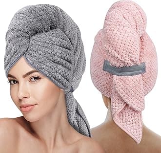 YoulerTex Microfiber Hair Towel Wrap: 2 Pack 10X26 Absorbent Turban Twist Drying Shower Cap for Women, Curly Hair Products, Accessories (11 X Large Gray Pink)