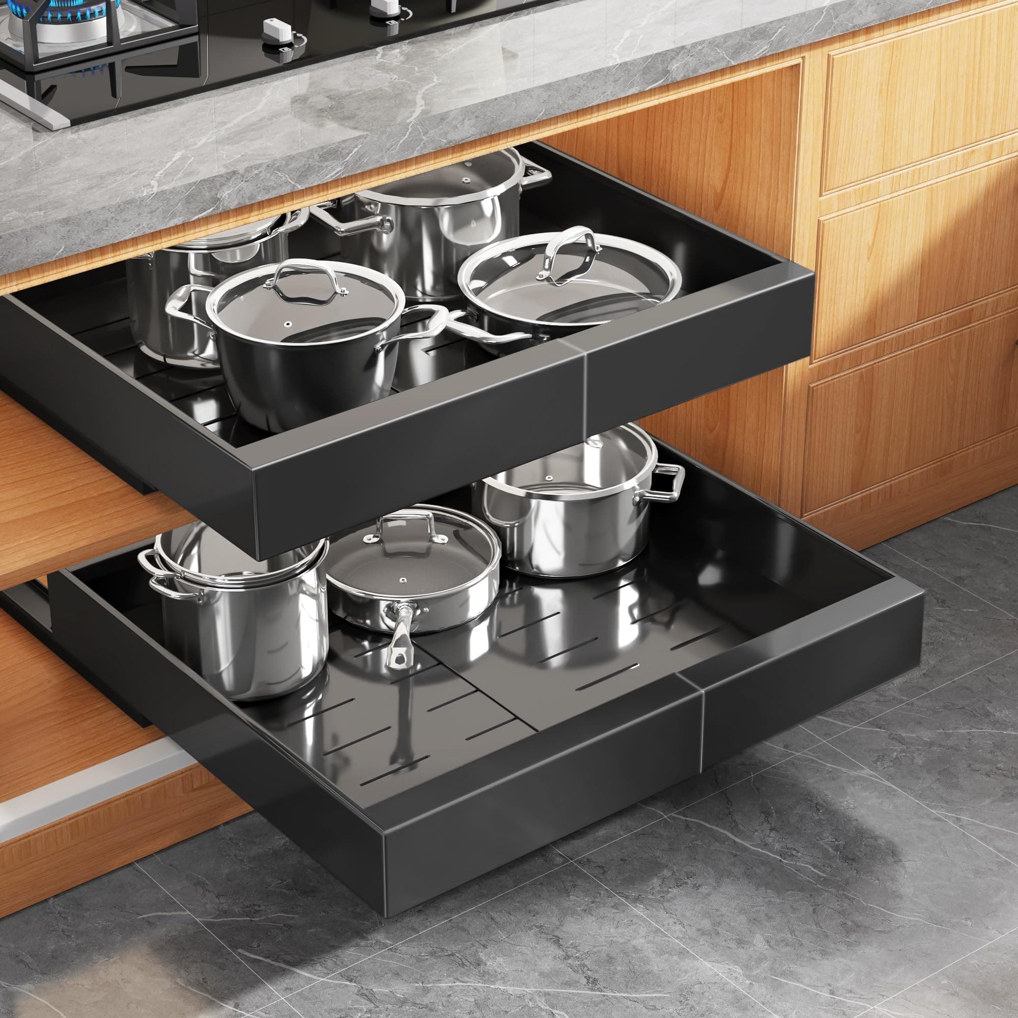 2 Pack Expandable Pull Out Cabinet Organizer 16.5"Deep With Raising Pad for Framed Cabinets,Upgrade 3 Slide Rails Slide Out Drawers,Roll Out Shelves Adhesive,Adjustable Width 12.2"-20.4"Black