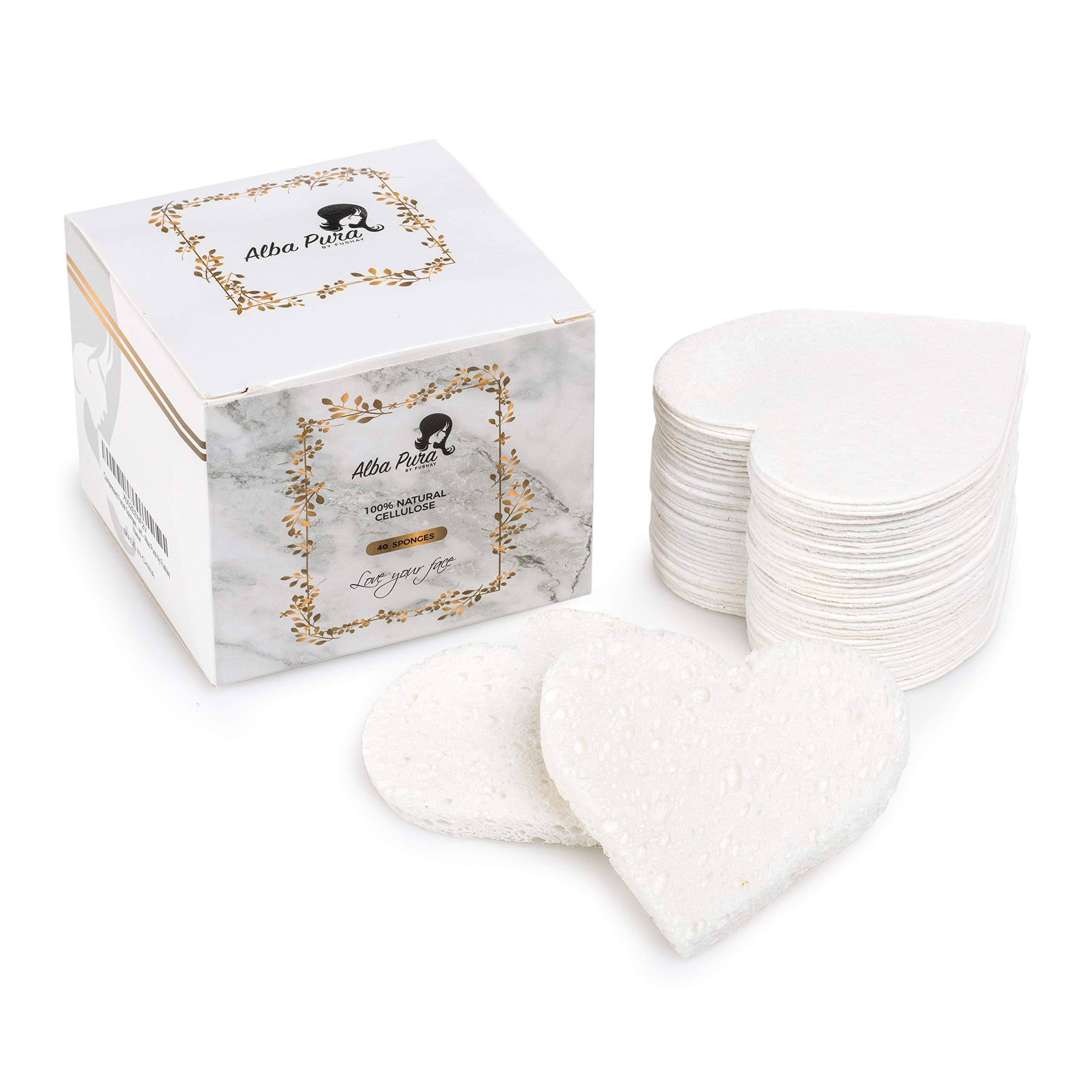 Compressed Facial Sponges for Sensitive Skin Natural Cellulose Sponge for Face Cleansing Exfoliating and Makeup Removal, Professional use Deep Clean and Hypoallergenic 40 Count - Alba Pura by Fushay