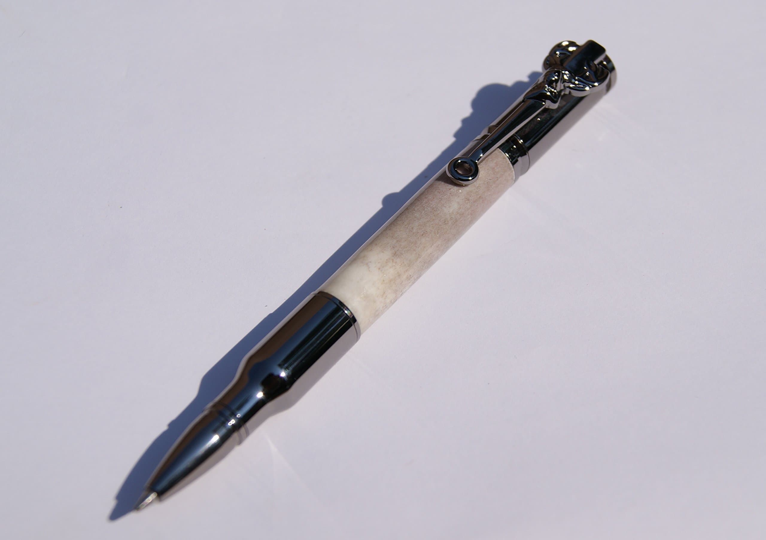 Bullet Pen in Gun Metal with Deer Antler Handle and Deer Head Clip - CA Finish - Gel Ink Twist Pen