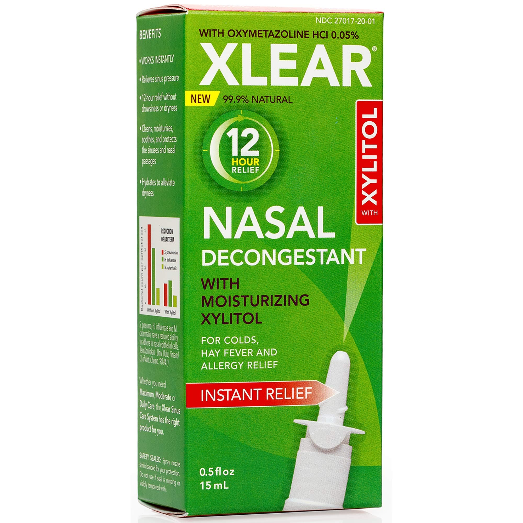 Xlear 12-Hour Natural Saline Nasal Decongestant Spray with Xylitol and Oxymetazoline, Instant Sinus Pressure and Congestion Relief for Kids and Adults 0.5 fl oz (Pack of 3)