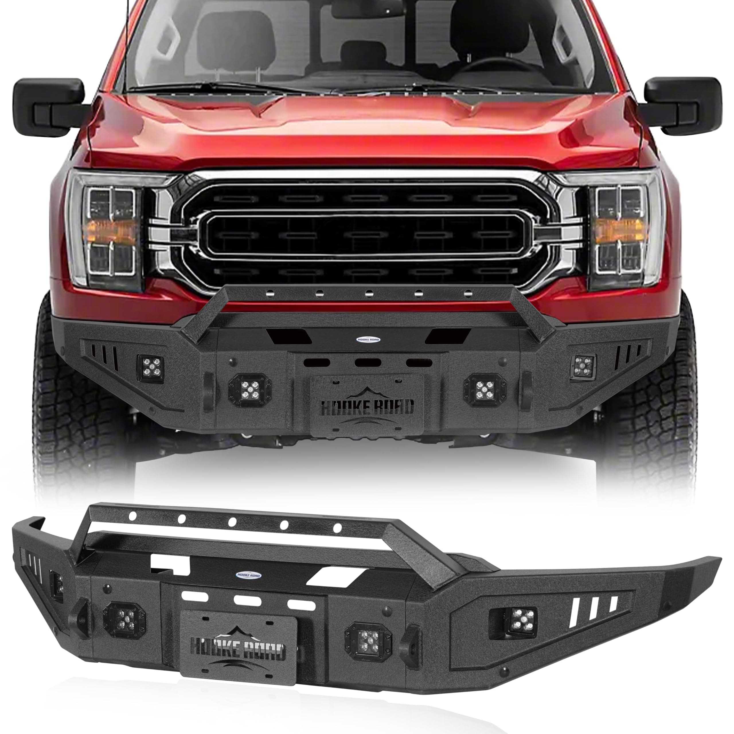 Hooke Road F150 Front Bumper Compatible with Ford F-150 2021 2022 2023(Excluding Raptor)- HR Discovery Bumper w/Winch Plate & LED Spotlights
