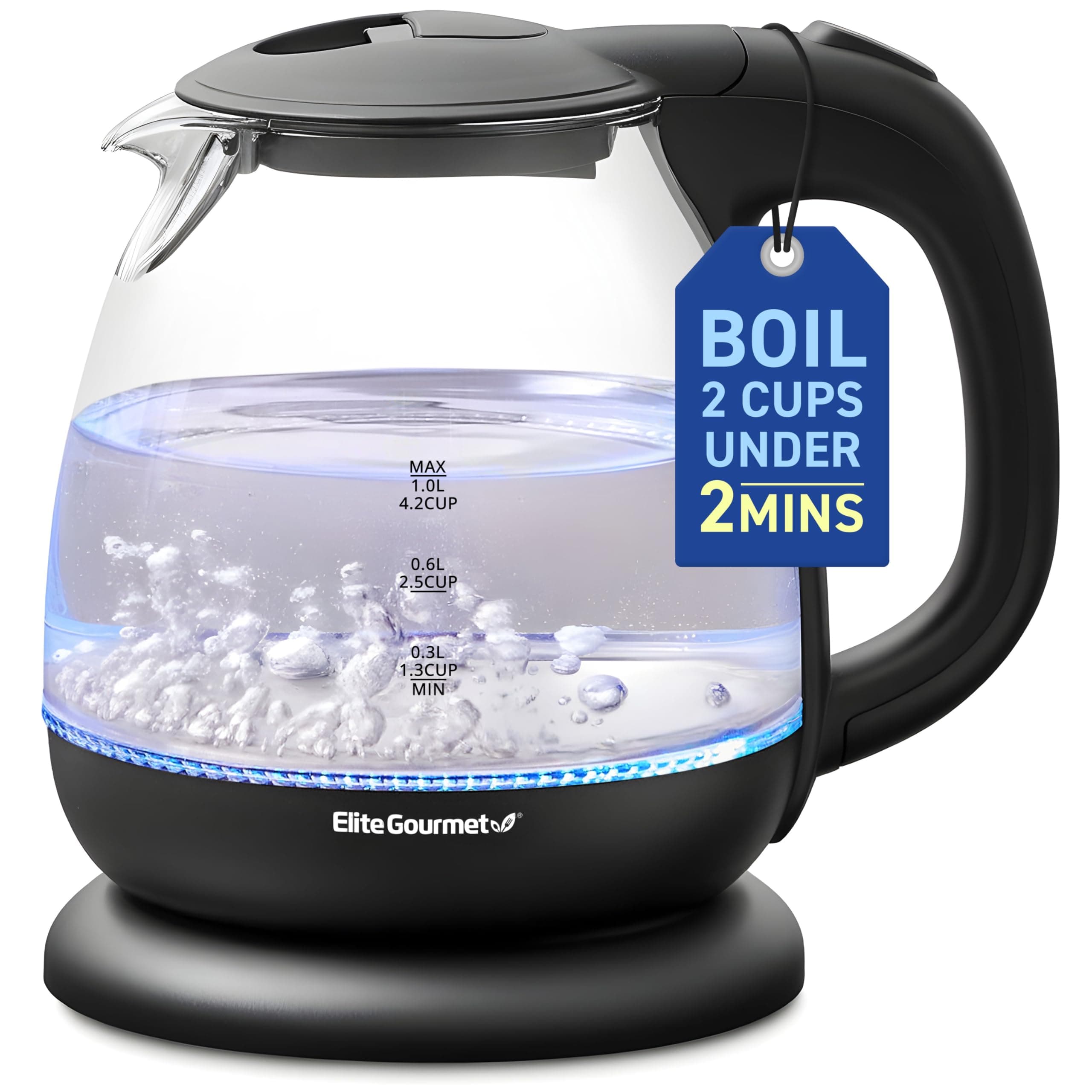 EKT1001 Electric 1.0L BPA-Free 1100W Glass Kettle Cordless 360° Base, Stylish Blue LED Interior, Handy Auto Shut-Off Function – Quickly Boil Water For Tea & More, Black