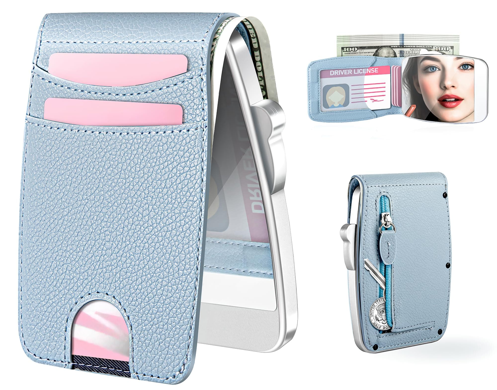 Wallet Women RFID Blocking Wallet with ID Windows, Pop-up Case, Cash Slot, Credit Card Minimalist Wallet with Mirror and Coin Pocket(Blue)