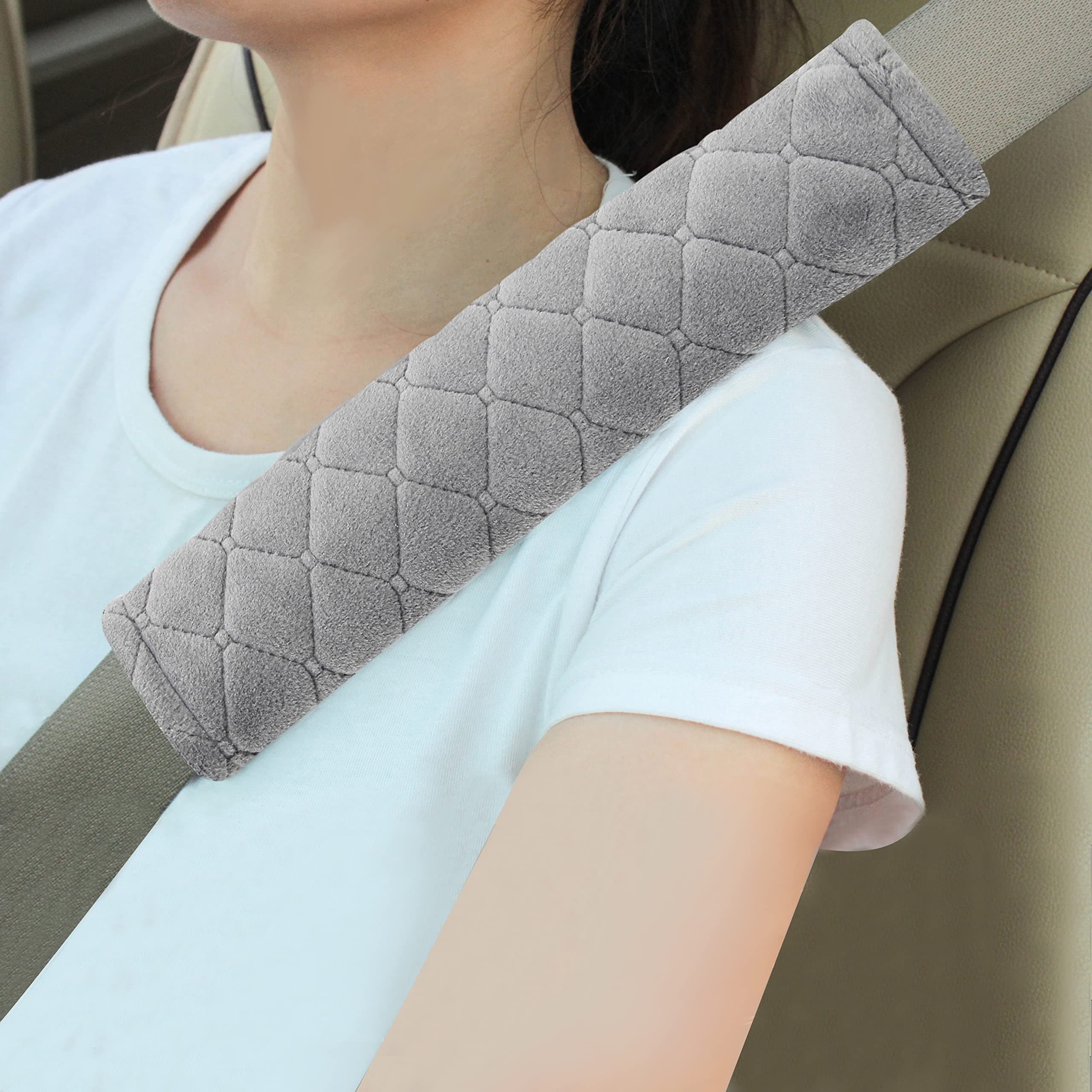 - Amooca Soft Auto Seat Belt Cover Seatbelt Shoulder Pad Cushions 2 PCS Universal Fit for All Cars and Backpack for a More Comfortable Driving (Light Grey)