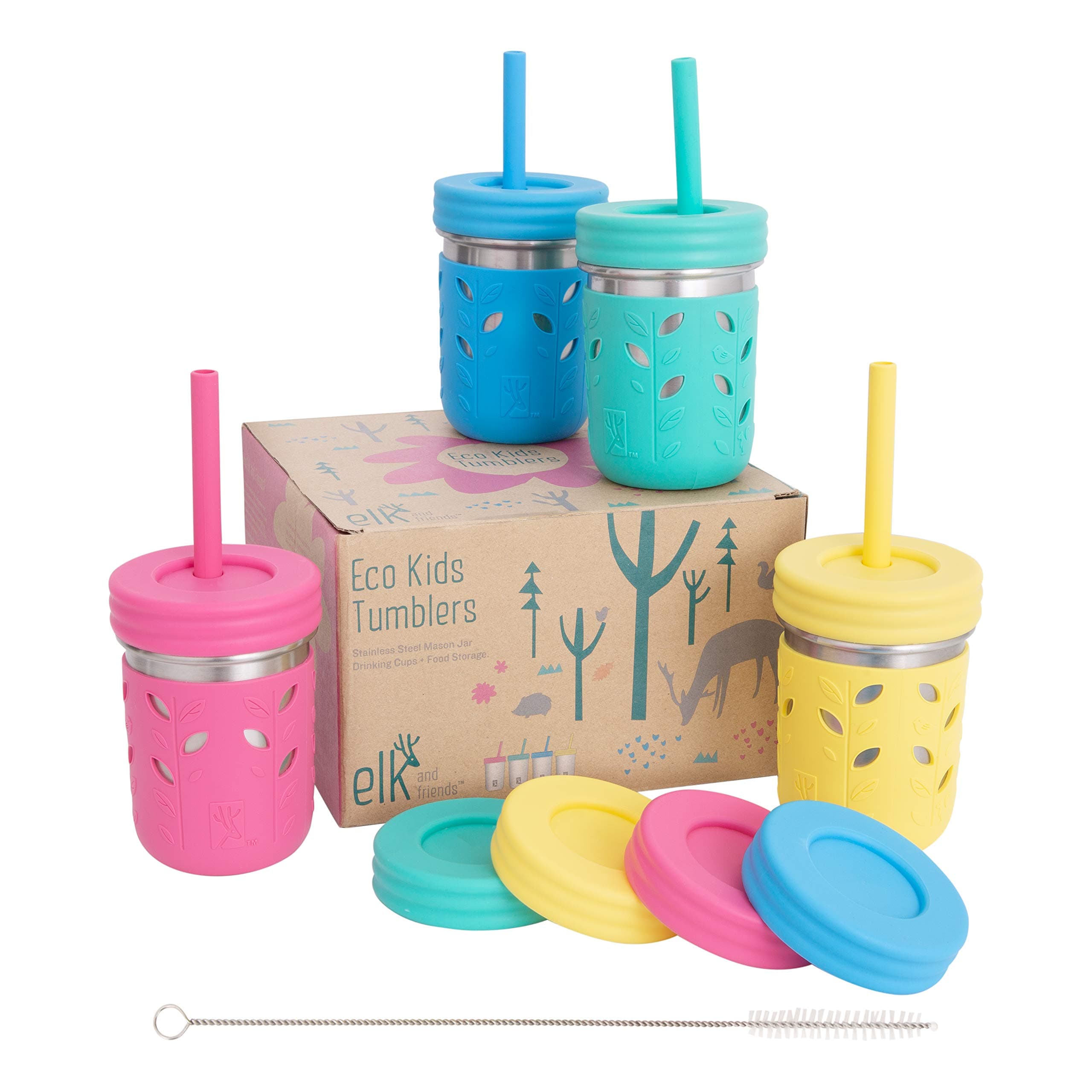 Elk and Friends Stainless Steel 10oz Kids & Toddler Sippy Cups with Silicone Sleeves & Straws, 4-Pack