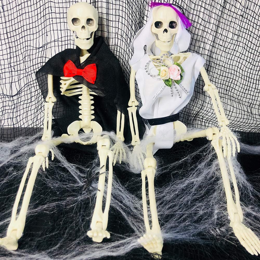 2 Sets 16" Posable Halloween Skeleton- Full Body Halloween Skeleton with Movable/Posable Joints bride and groom Accessories for Best Halloween Decoration