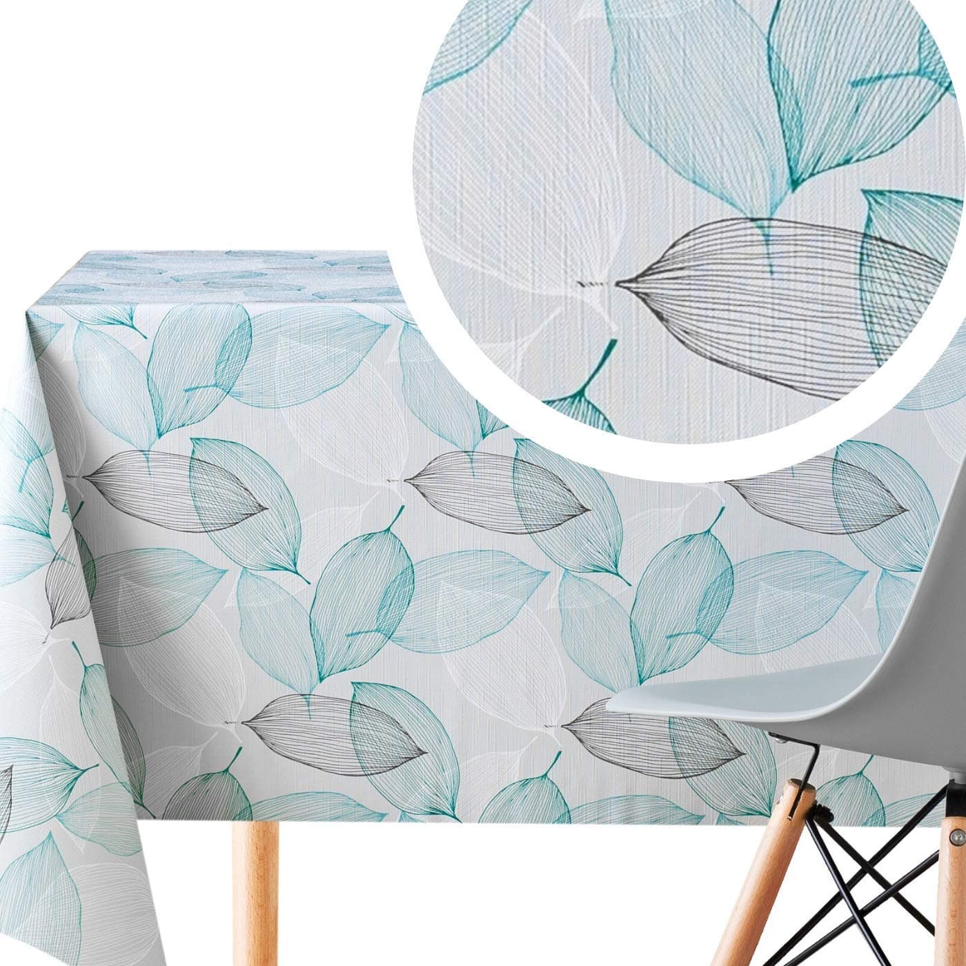 Wipe Clean Tablecloth Grey And Teal Leaves PVC Table Cover Rectangle 200x140cm