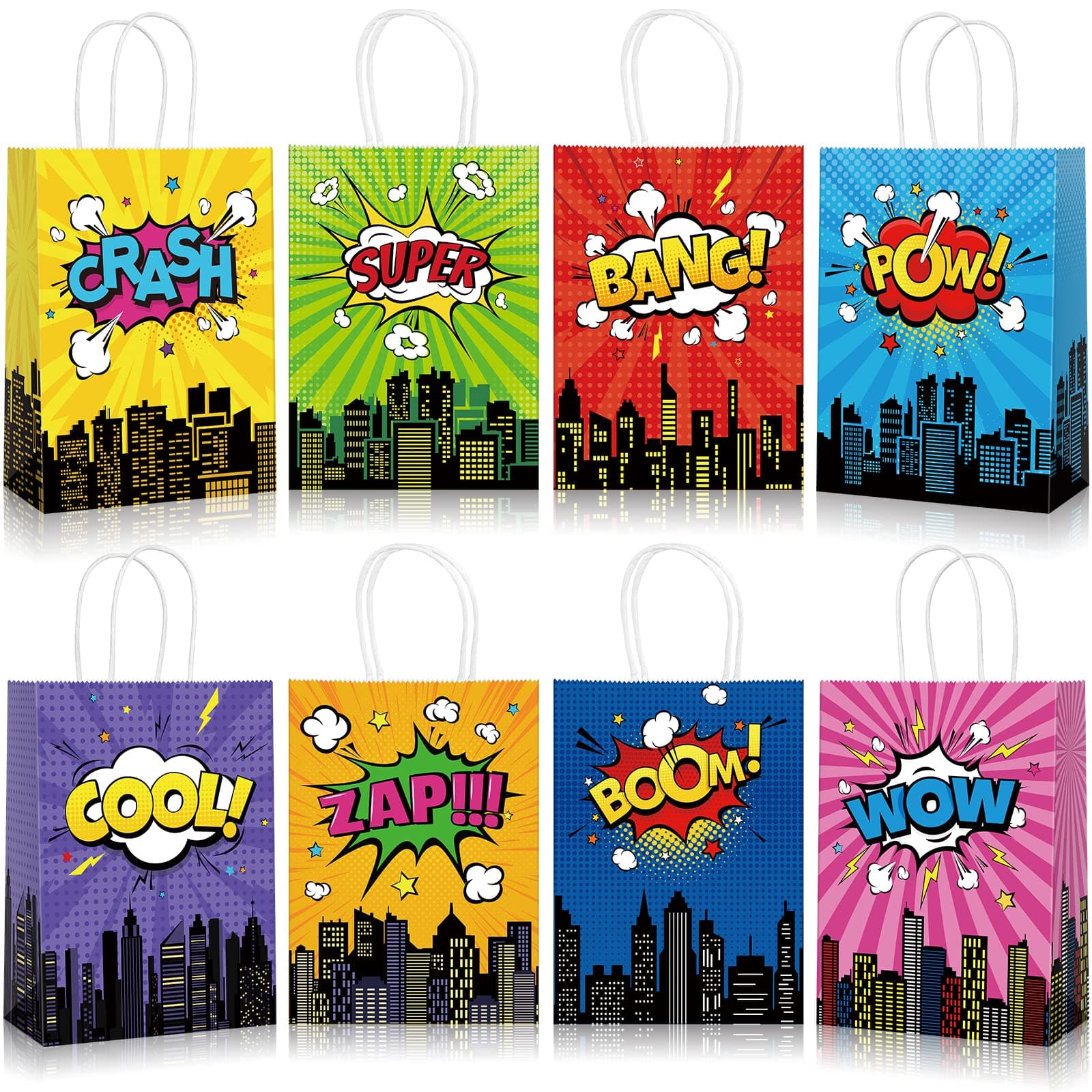 YIDAKO 24pcs Hero Party Favors Bags, Hero Goodie Candy Bag Gift Bags with 8 Different Types, Comic Kraft Paper Bag for Birthday Party Supplies Baby Shower Decorations