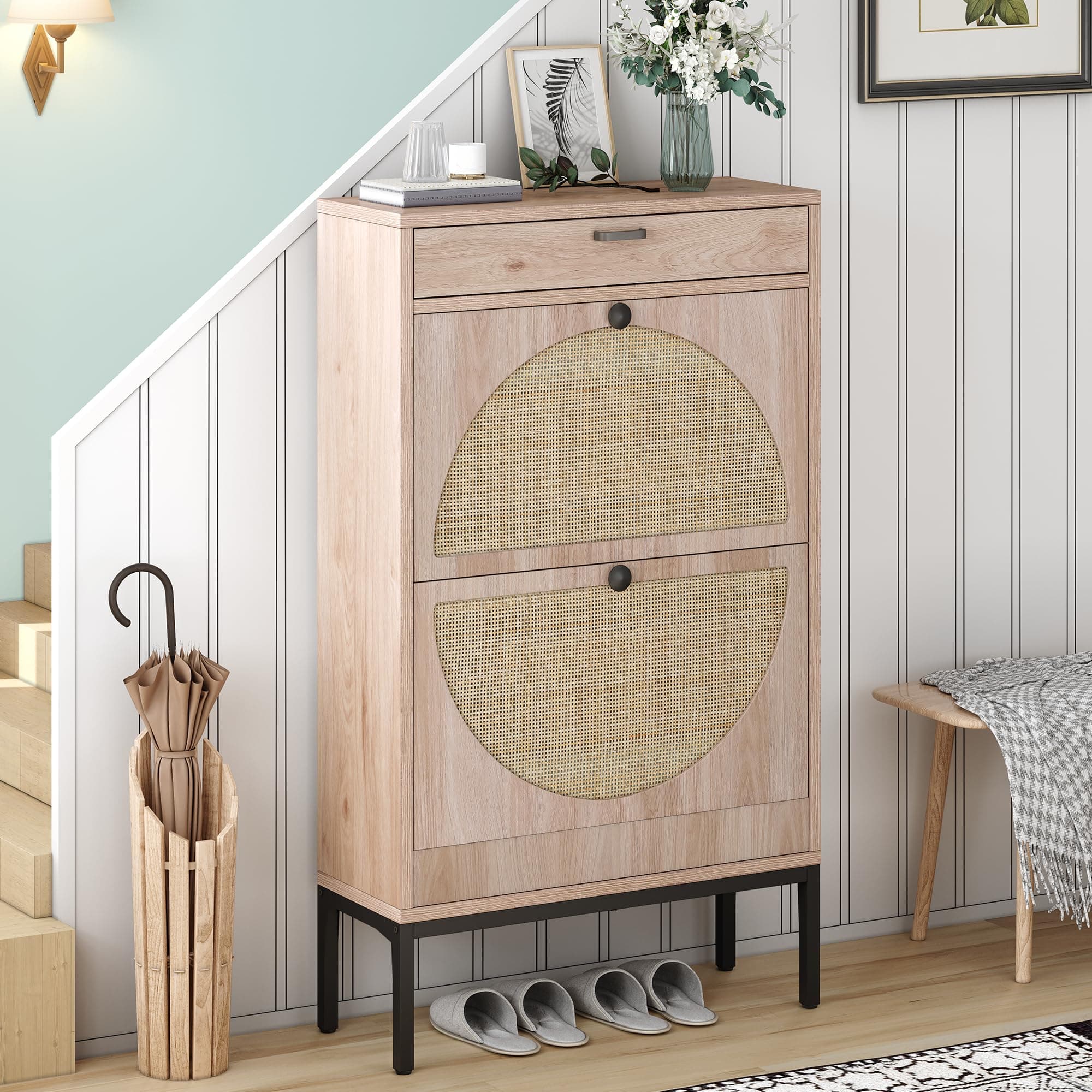 Brafab Shoe Storage Cabinet with 2 Flip Drawers&1 Small Drawer, Slim Entryway Shoe Organizer with Half Round Woven Rattan Doors for Sneakers…