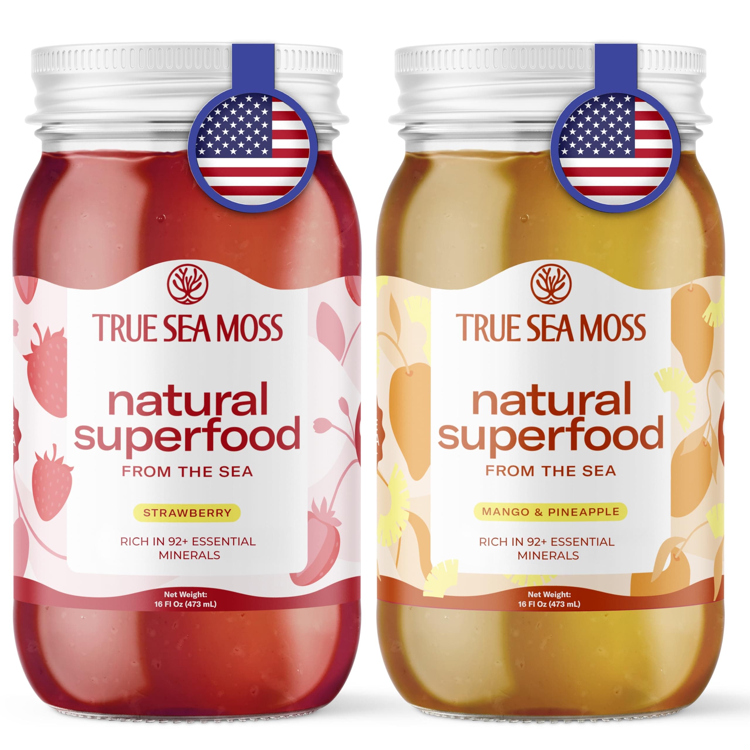 TrueSeaMoss Wildcrafted Irish Sea Moss Gel Mango and Strawberry Bundle Organic Raw Seamoss Rich in Minerals, Proteins & Vitamins