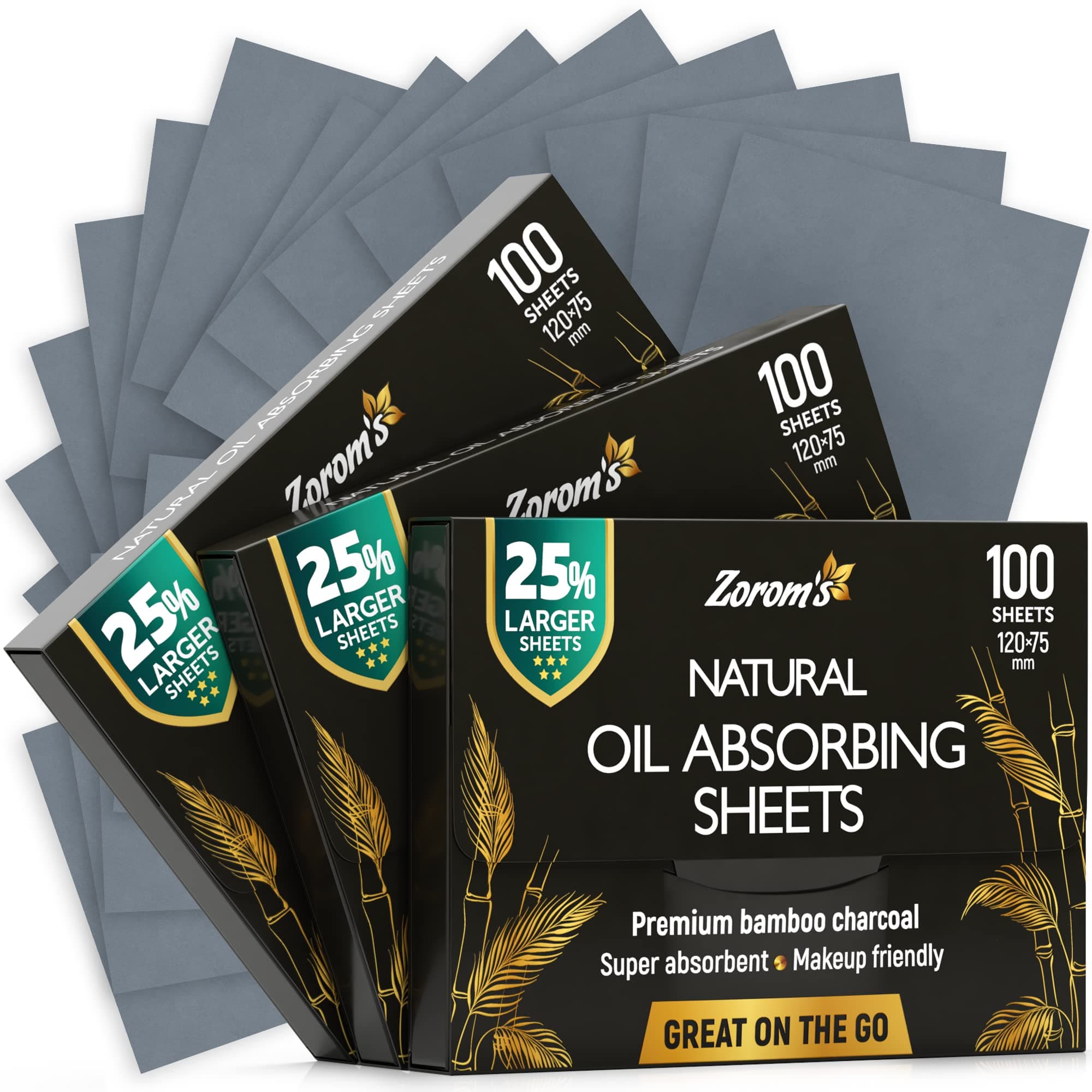 Natural Bamboo Charcoal Blotting Paper - 300 XXL Super Absorbent Sheets (120x75mm) - Makeup Friendly - Easy Release Design - Oily Skin Care (100 Sheets/Pack, 3 Pack)