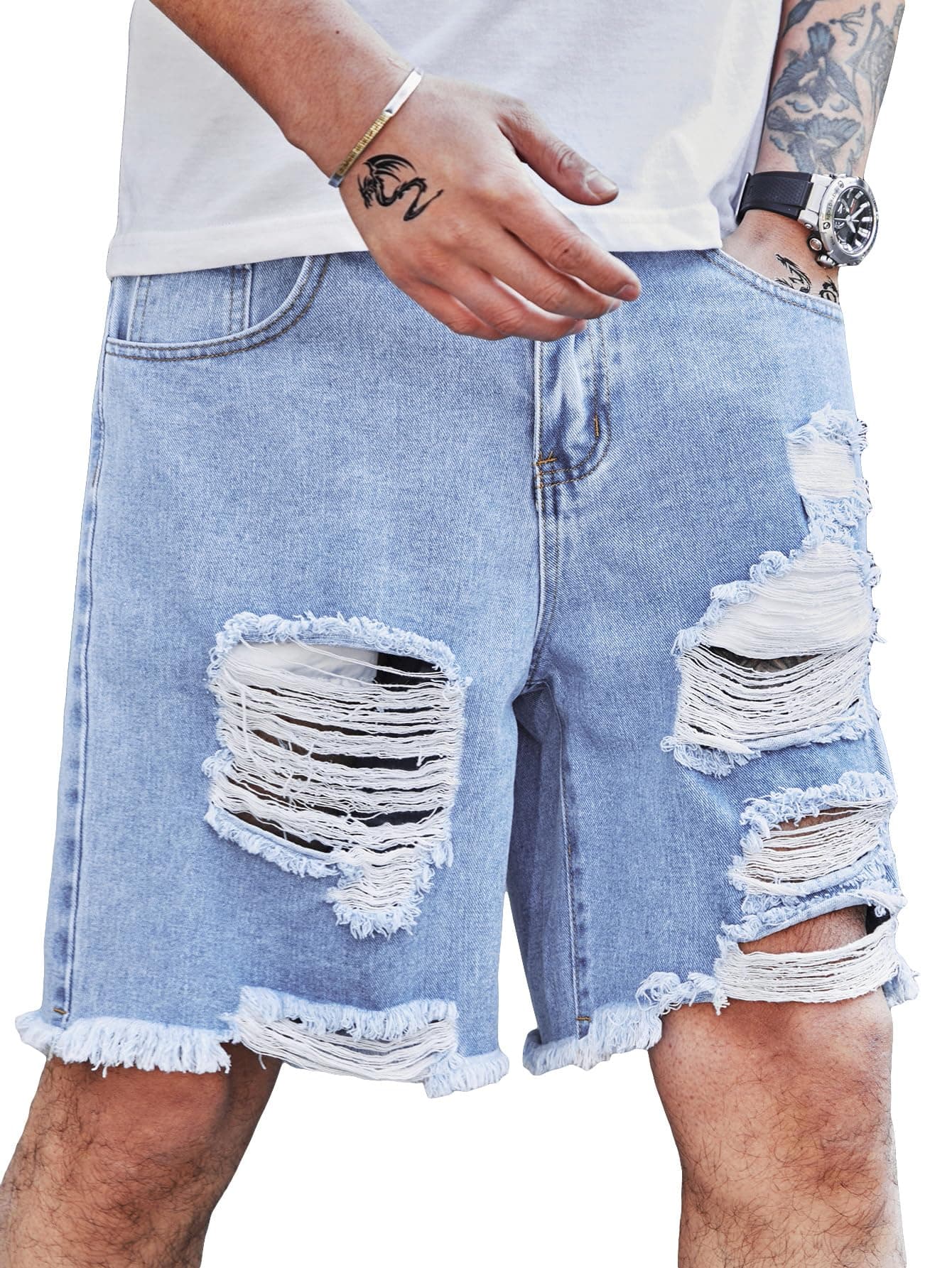 Men's Ripped Bermuda Denim Shorts Straight Leg Jean Jorts with Pockets Light Blue Medium