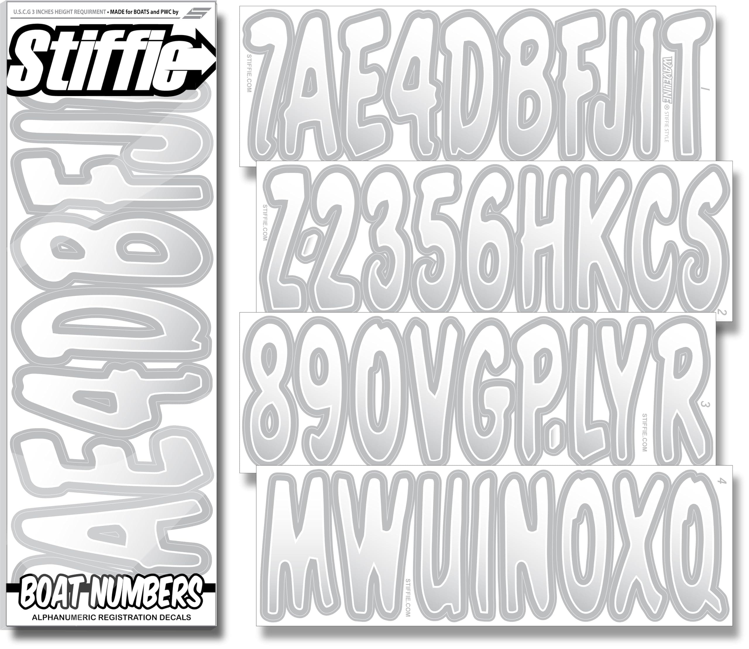 STIFFIE Waveline White/Silver 3 Inch Alpha Numeric Registration Identification Numbers Letters Stickers Decals for Marine Boats & Personal Watercraft Jet Ski Sea-Doo