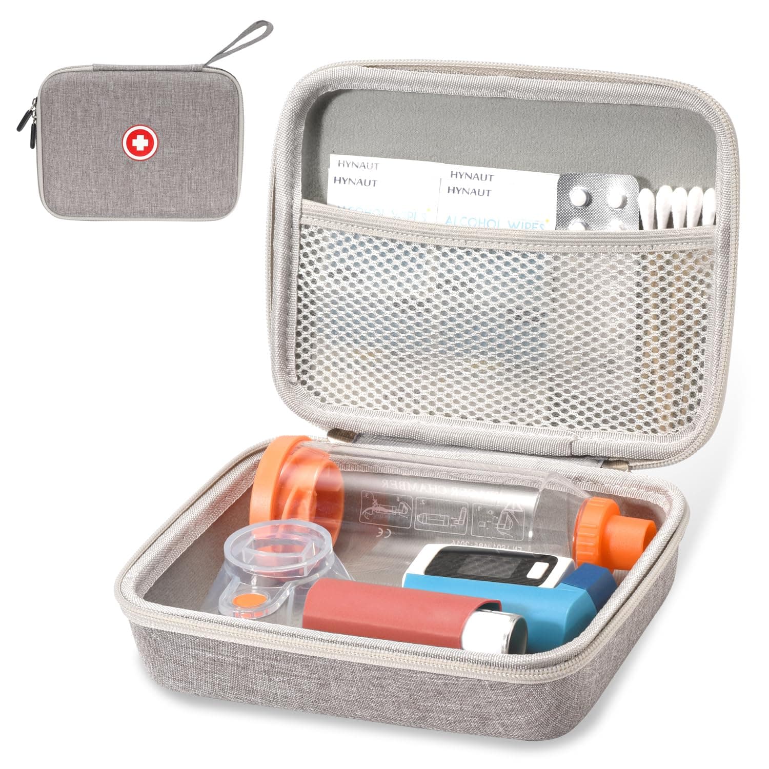 Hard Travel Case for Asthma Inhaler and Accessories - Mesh Pocket, For Kids and Adults, Grey