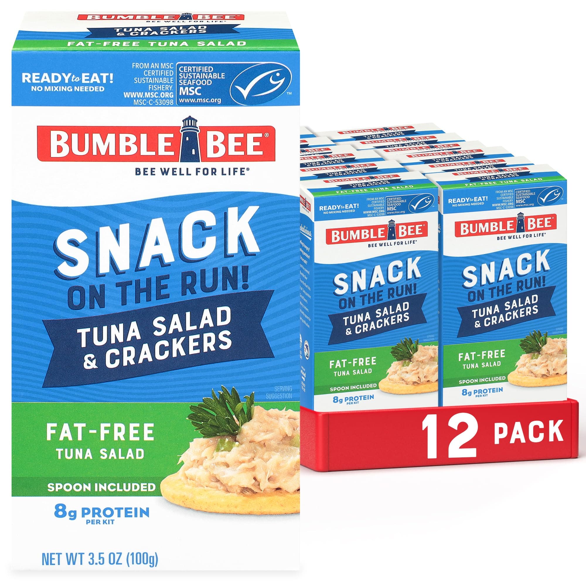Bumble Bee Snack On The Run Fat-Free Tuna Salad with Crackers Kit- Ready to Eat, Spoon Included - Wild Caught Tuna - Shelf Stable & Convenient Protein Snack, 3.5 Ounce Boxes (Pack of 12)