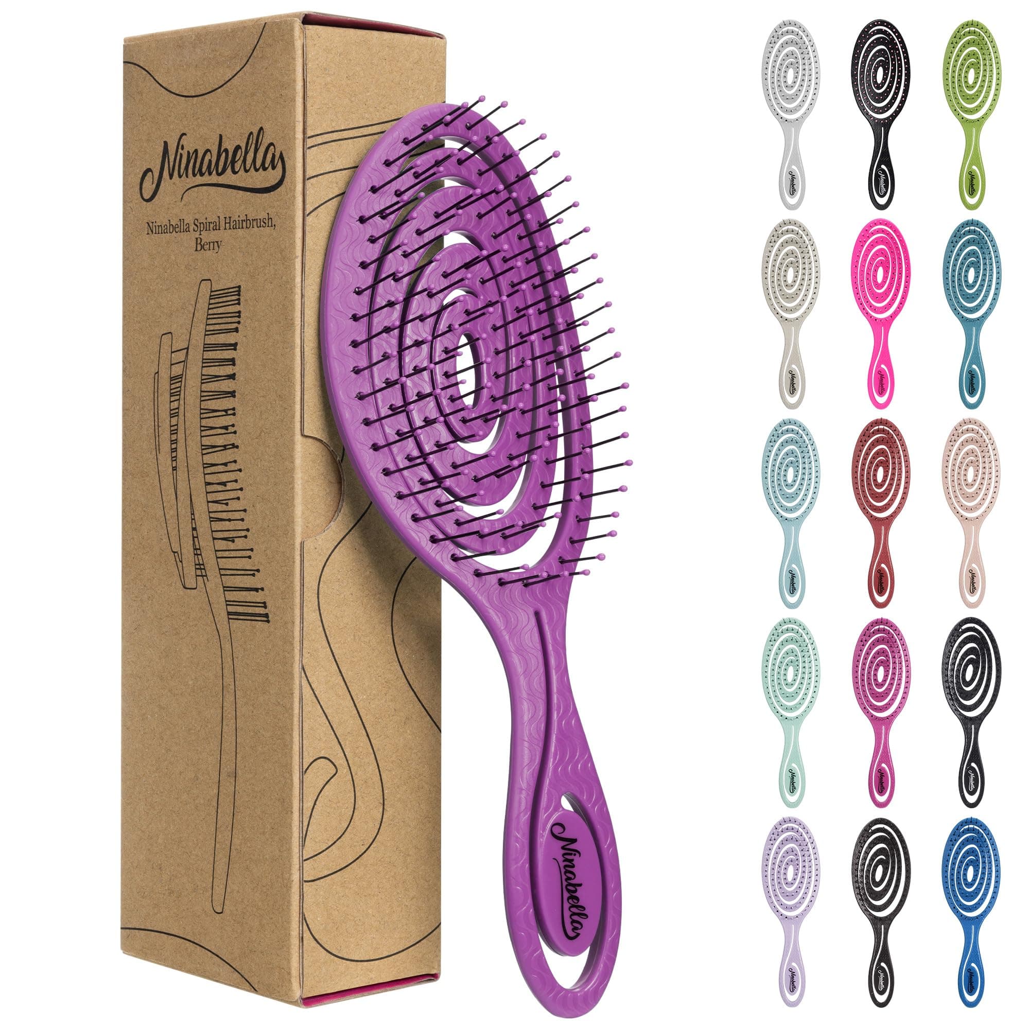 Ninabella Detangling Hair Brush for Women & Men - Does not Pull, Removes Tangles, Brushes for Straight, Curly & Wet Hair - Detangle Brush - Unique Spiral Hairbrush, Berry