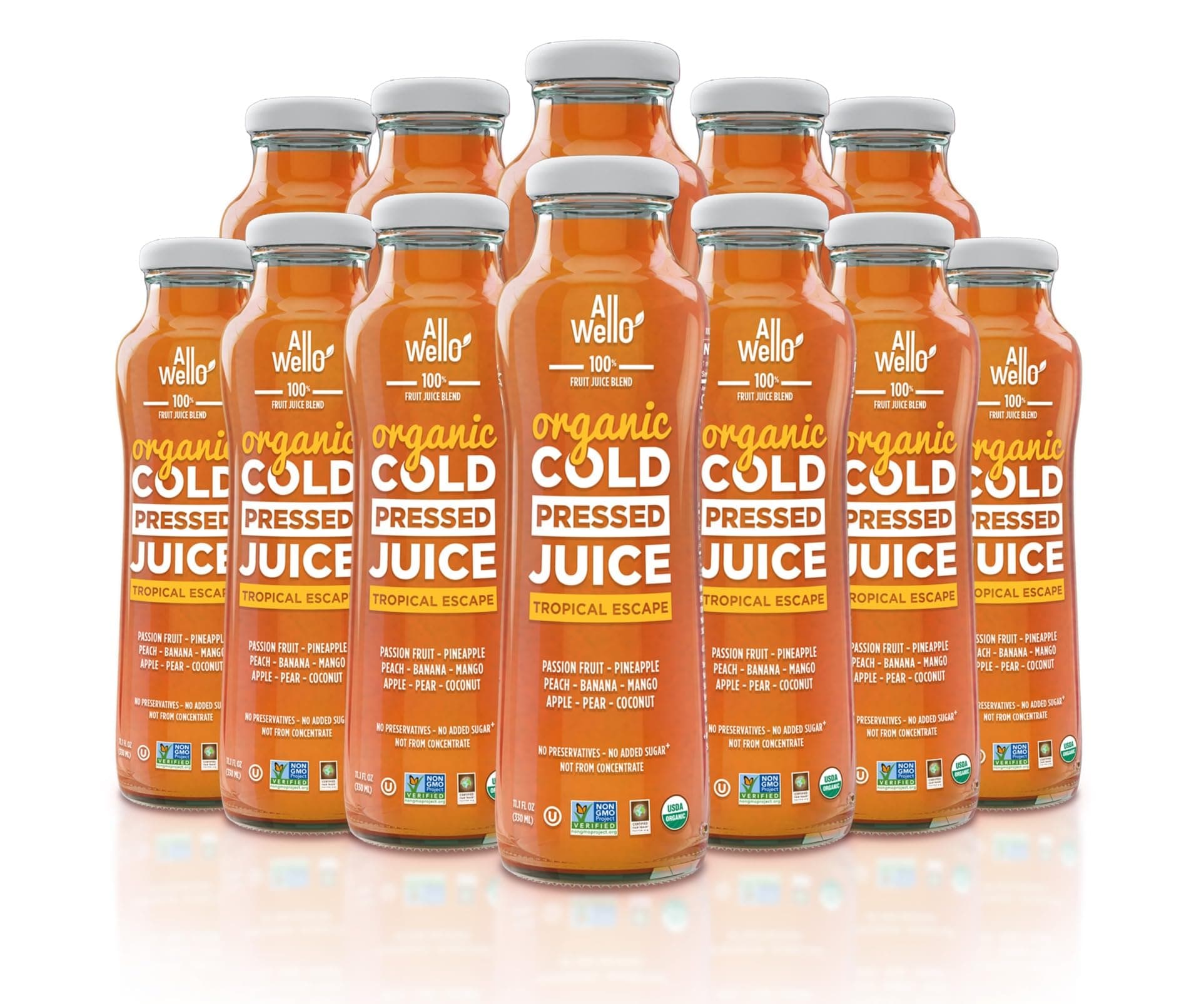 AllWellO Organic Cold Pressed Juice Drinks with Real Fruits and Vegetables Gluten Free Non-GMO Healthy Juices No Preservatives No Sugar Added (Tropical Escape, 12 Pack)