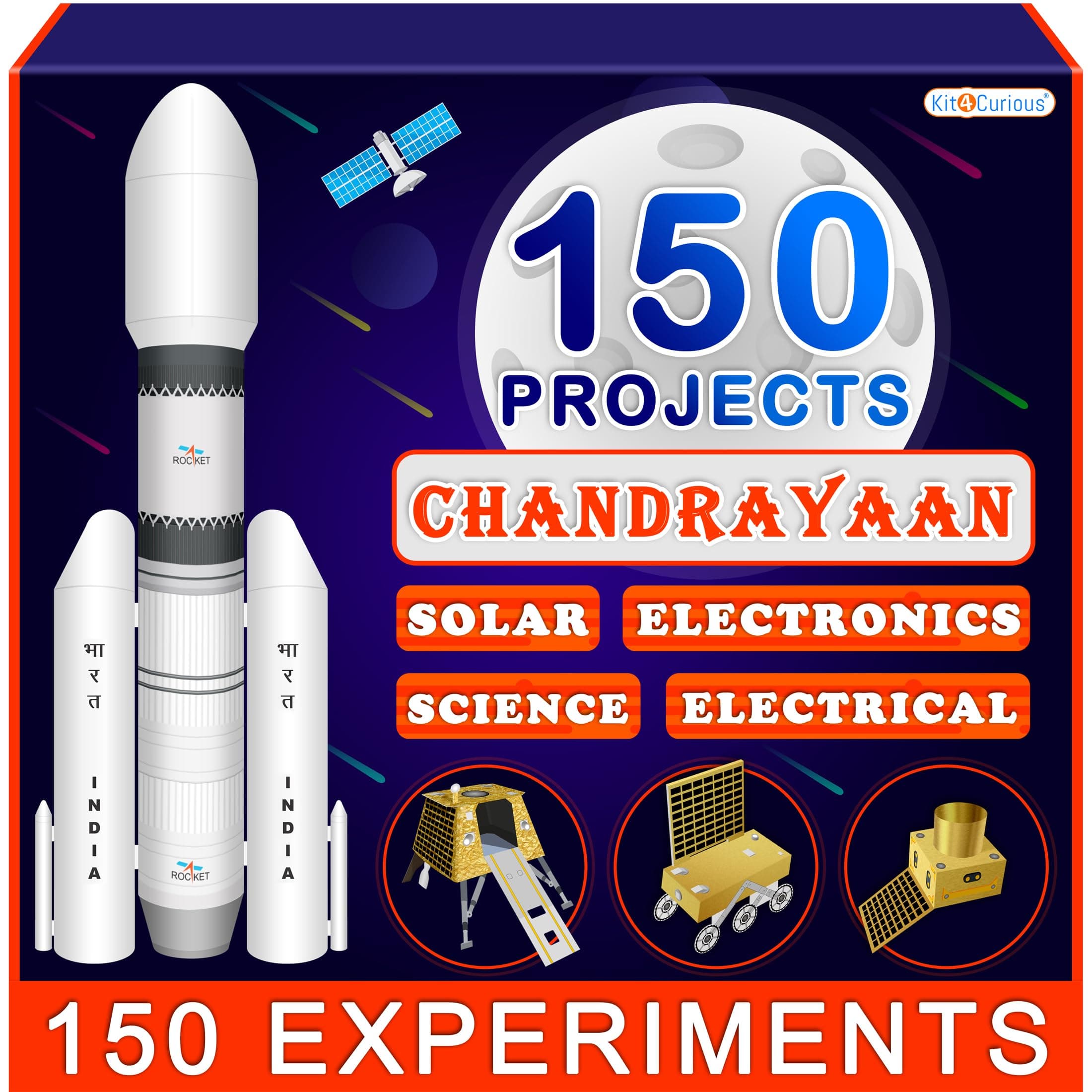 Kit4Curious® Chandrayaan-3 Models and 150 Solar Electronic Science Projects – Rocket, Rover, Lander, Satellite 3D Models and 150 DIY Experiments STEM Learning Educational Toy Gift kit