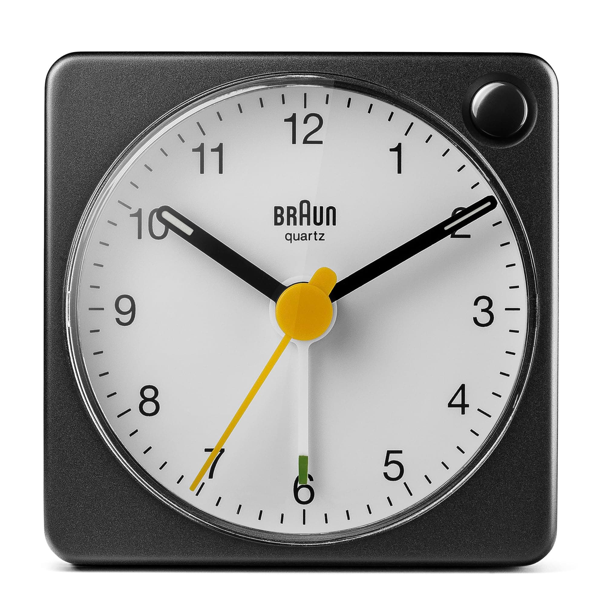 Braun Classic Travel Analogue Alarm Clock with Snooze and Light, Compact Size, Quiet Quartz Movement, Crescendo Beep Alarm in Black and White, model BC02XBW.