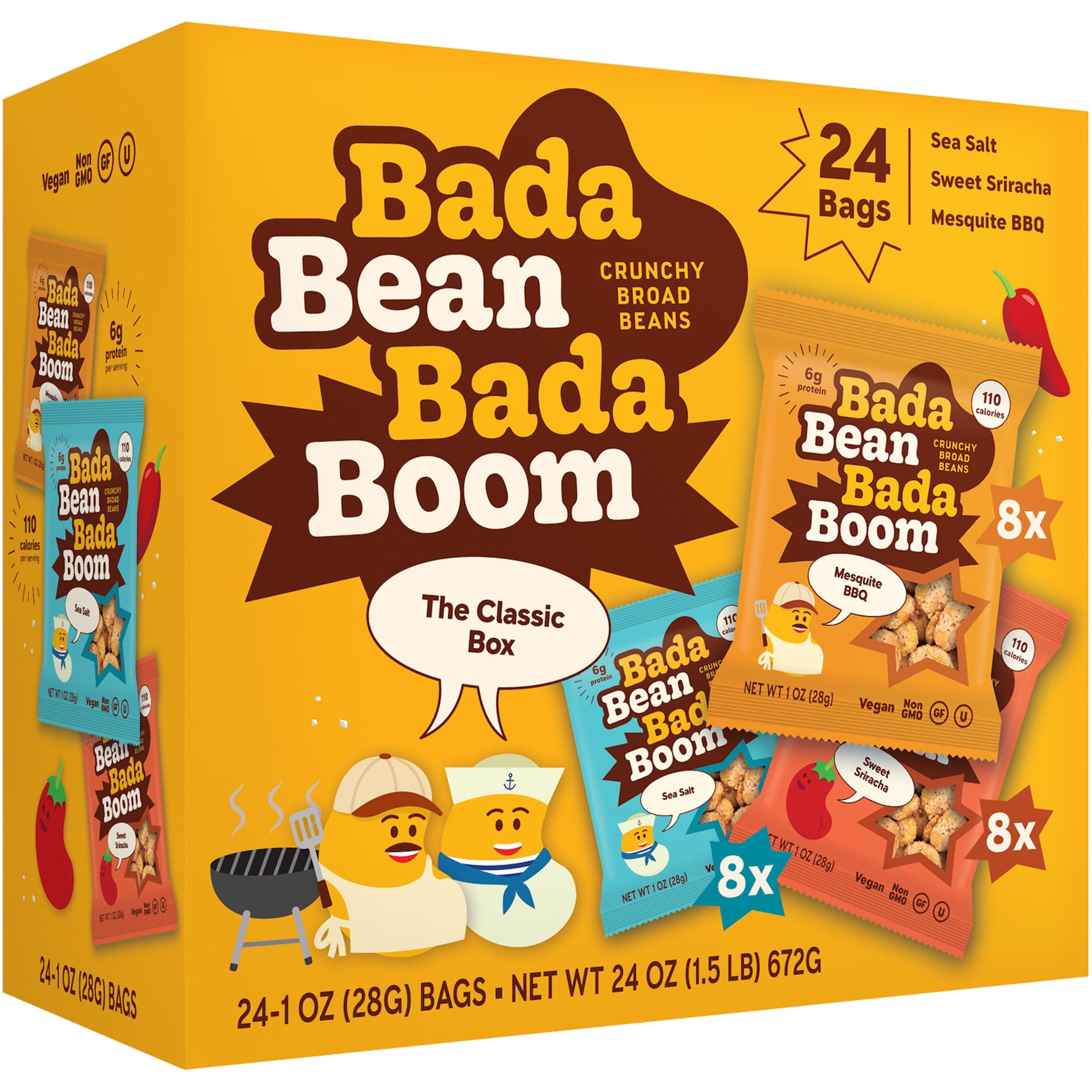 Enlightened Bada Bean Bada Boom Plant-Based Protein, Gluten Free, Vegan, Crunchy Roasted Broad (Fava) Bean Snacks, 100 Calorie Packs, The Classic Box Variety Pack, 1 Ounce (24 Count)