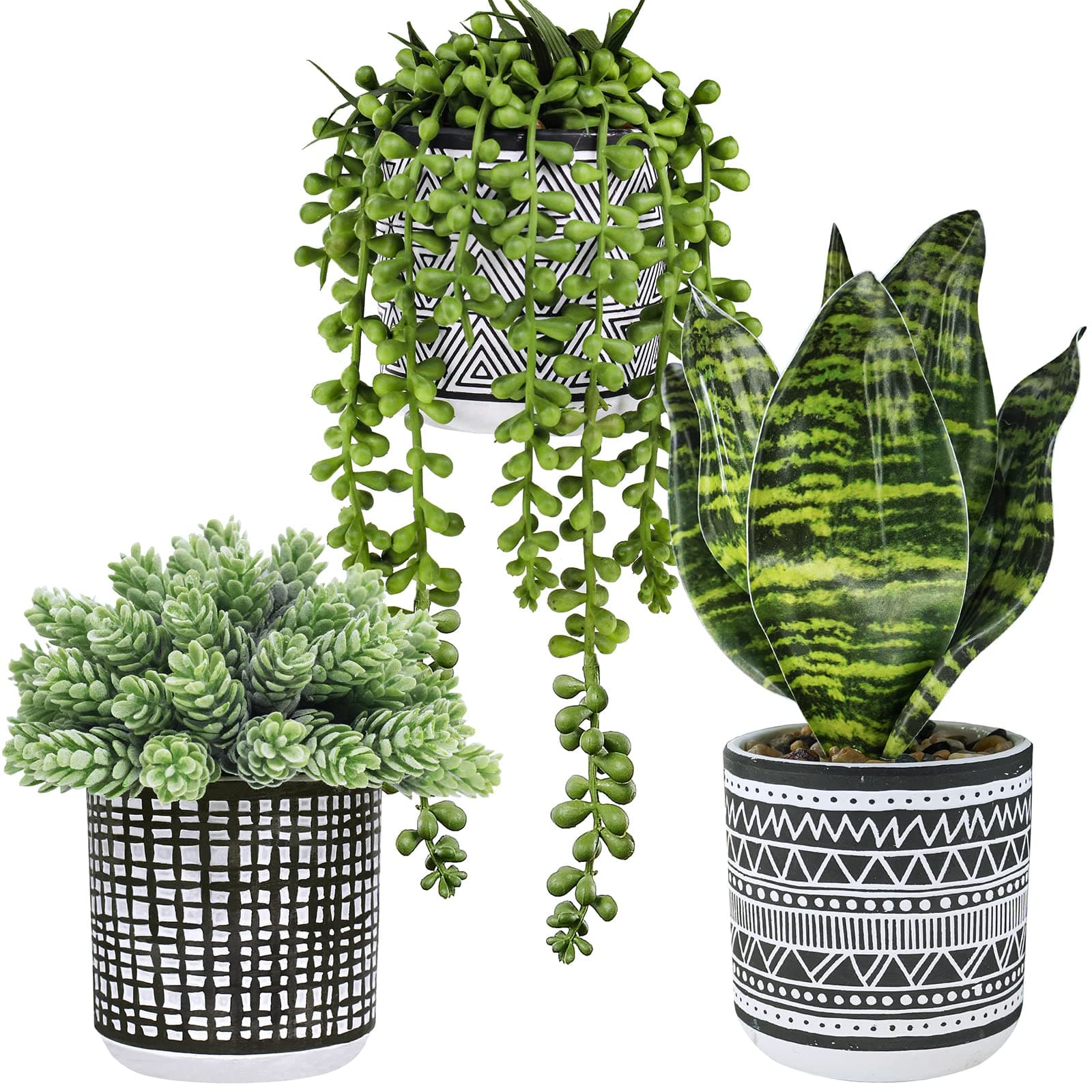 Winlyn 3 Pcs Small Potted Plants Artificial Succulents Hanging Plants and Faux Tropical Snake Plant in Black Geometric Pots for Modern Home Kitchen Windowsill Table Shelf Indoor Outdoor Greenery Decor