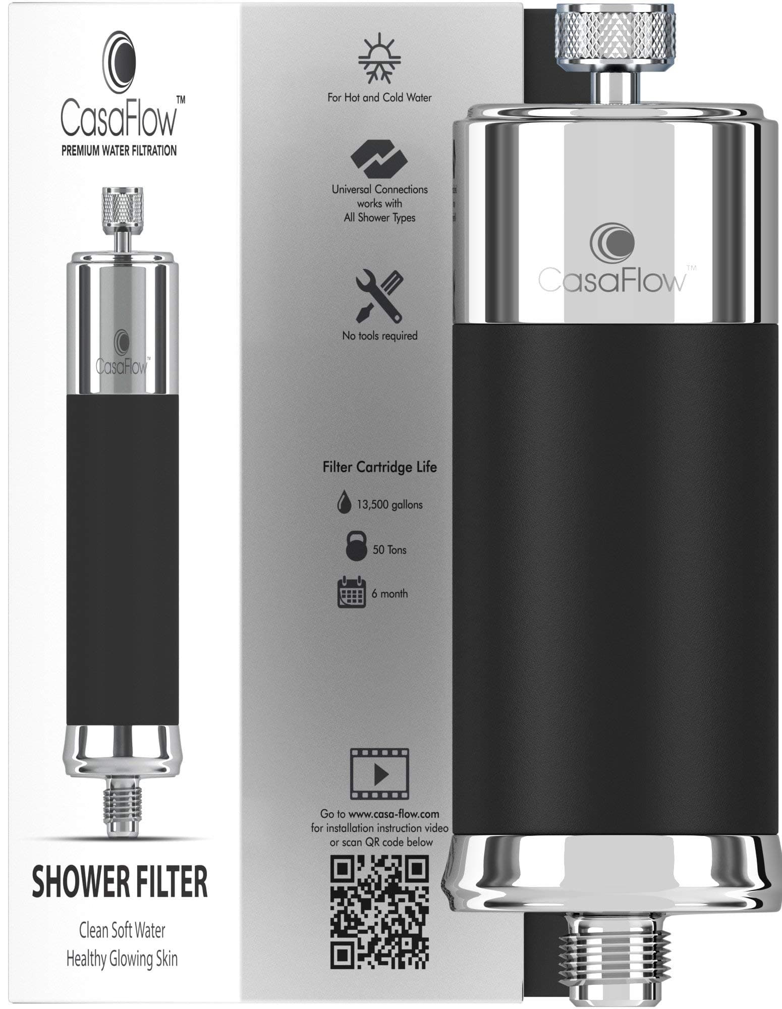CasaFlow Shower Filter - 51,100 Liters Shower Water Filter For Hard Water - Removes Over 99% Of Chlorine - NSF Certified KDF - High Water Output Showerhead Filter - Fits Any Shower Head