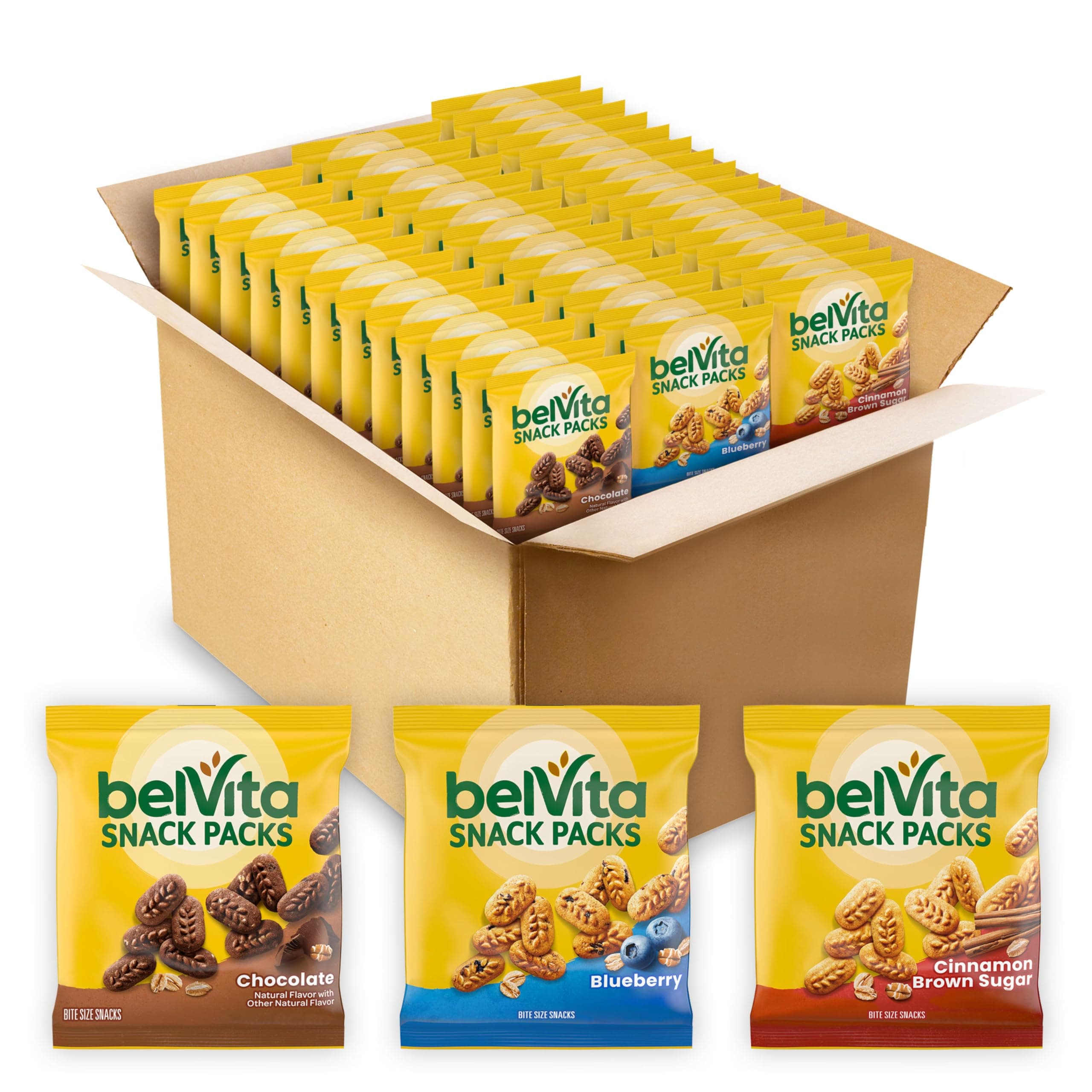 belVita Bite Size Snacks Variety Pack, Blueberry, Chocolate and Cinnamon Brown Sugar Crunchy Bites, 40 Snack Packs