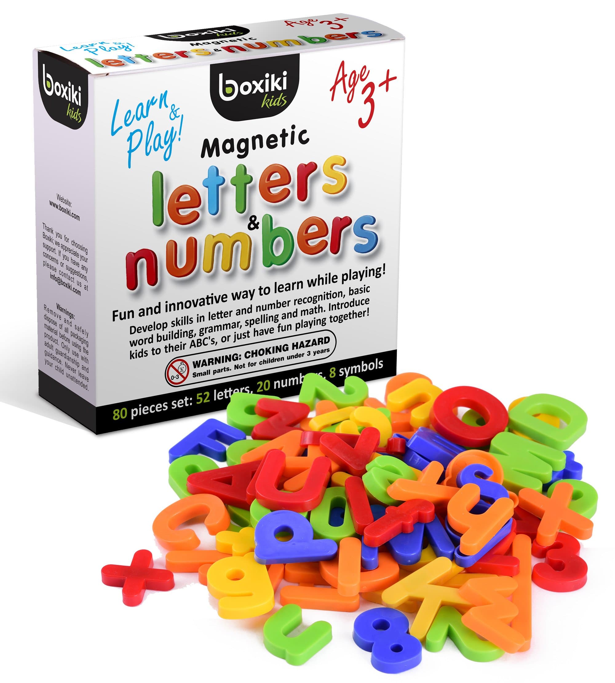 Boxiki Kids Magnetic Letters and Numbers for Children - Colorful Fridge Magnets for Kids includes 52 Alphabets, 20 Numbers & 8 Symbols - Educational Toys for 3 Year Old Boys Girls