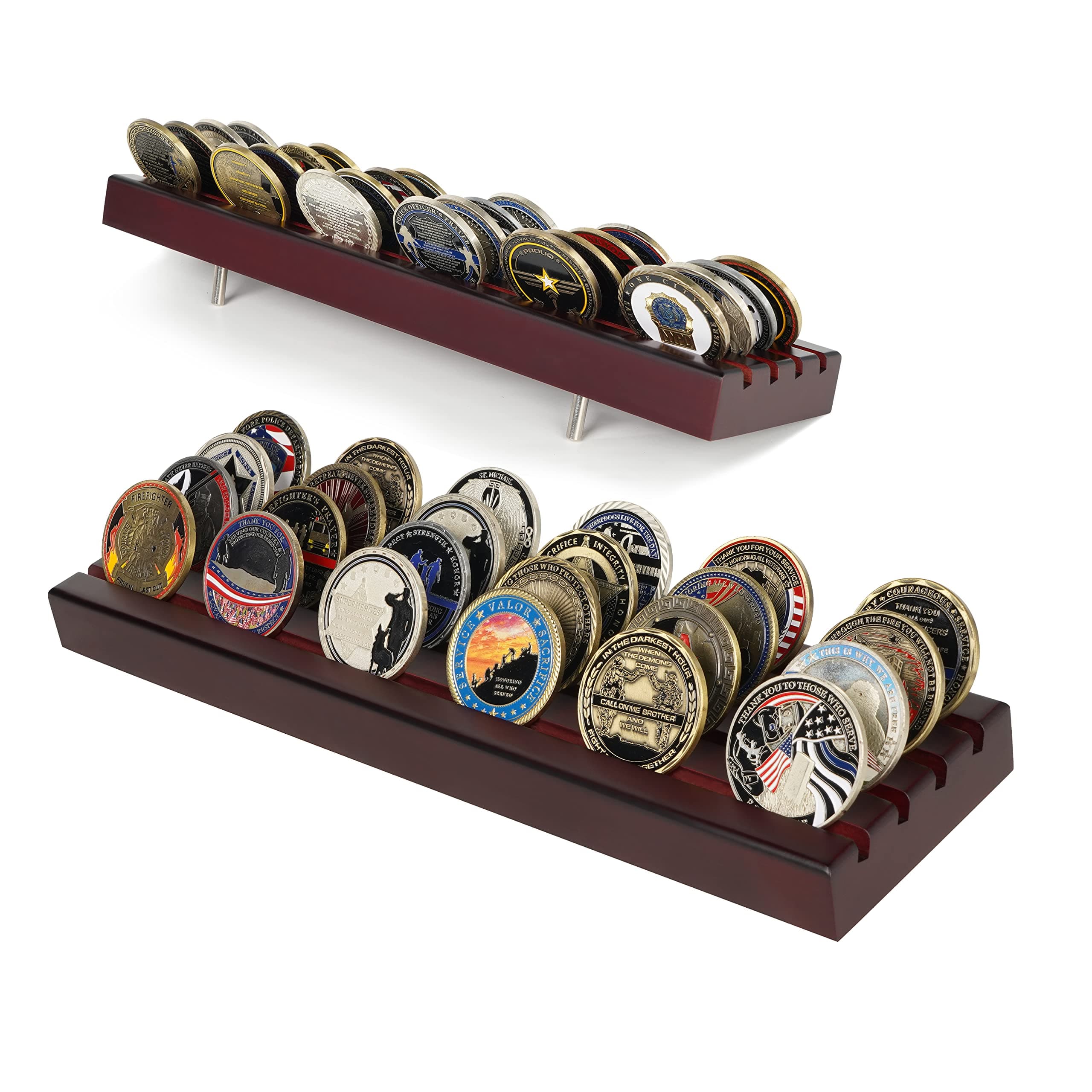 Challenge Coin Display Stand 4 Rows Wooden Military Coin Holder Rack Case Holds 30 Coins, Mahogany Finish