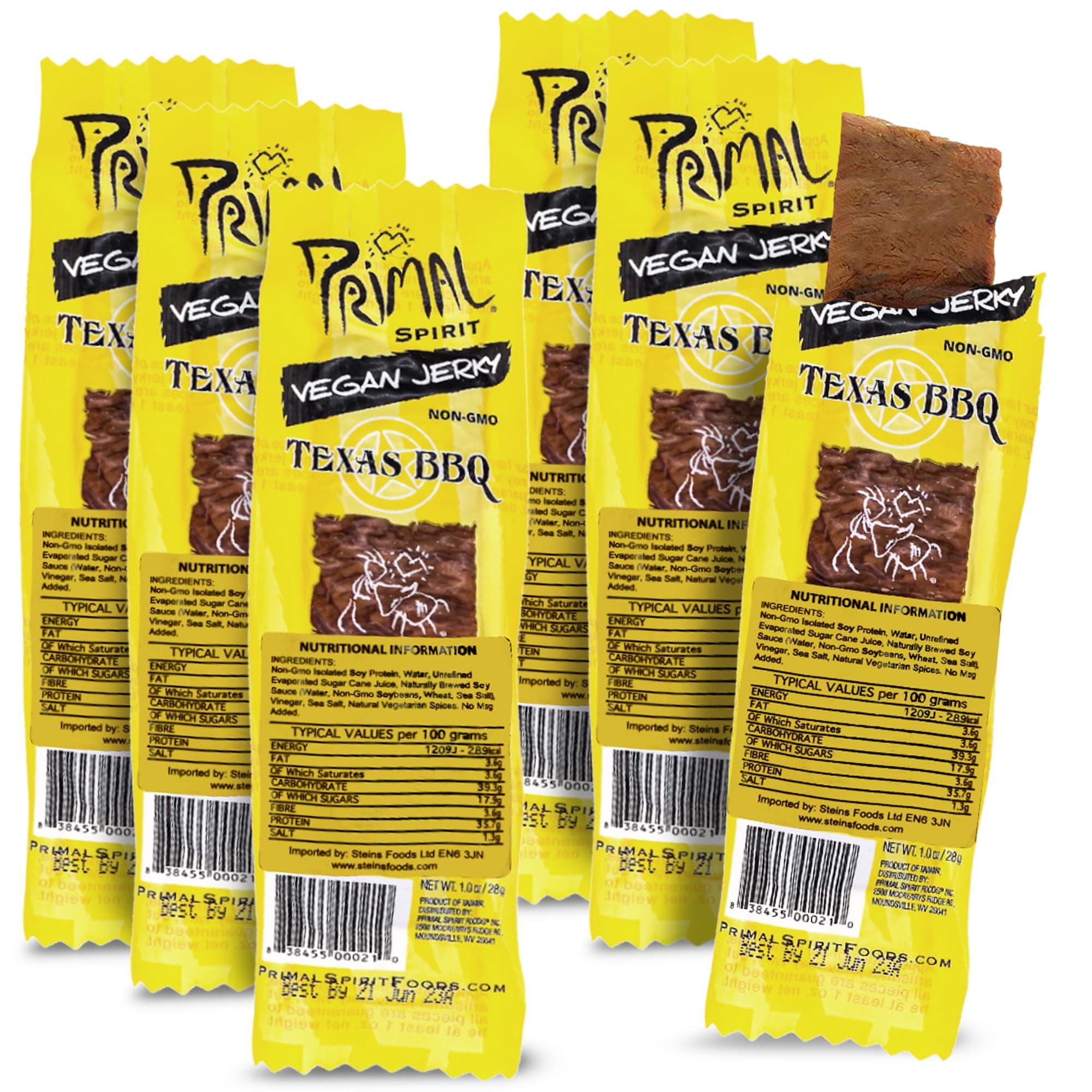 Primal Strips Texas Barbecue Vegan Jerky Pack of 6 (28gm) – Delicious Meat Alternative Healthy Snacks – Non-GMO, High Protein, Traditional Vegan Snacks