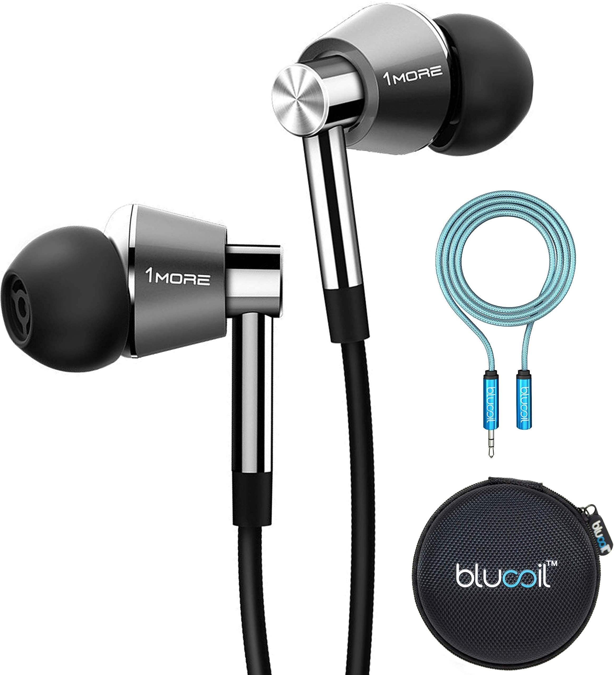 1MORE E1001 Triple Driver in-Ear Headphones with in-Line Microphone (Silver) Bundle with Blucoil 6-FT Headphone Extension Cable (3.5mm) and Portable Earphone Hard Case