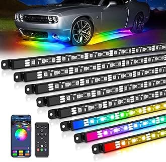 MICTUNING N8 Car Underglow Light Bar Kit, Chasing Color RGB+IC LED, Aluminum Exterior Underbody Multicolor Soundsync Neon Light Strip, Wireless App & Remote Control, IP68 Waterproof, 8PCS