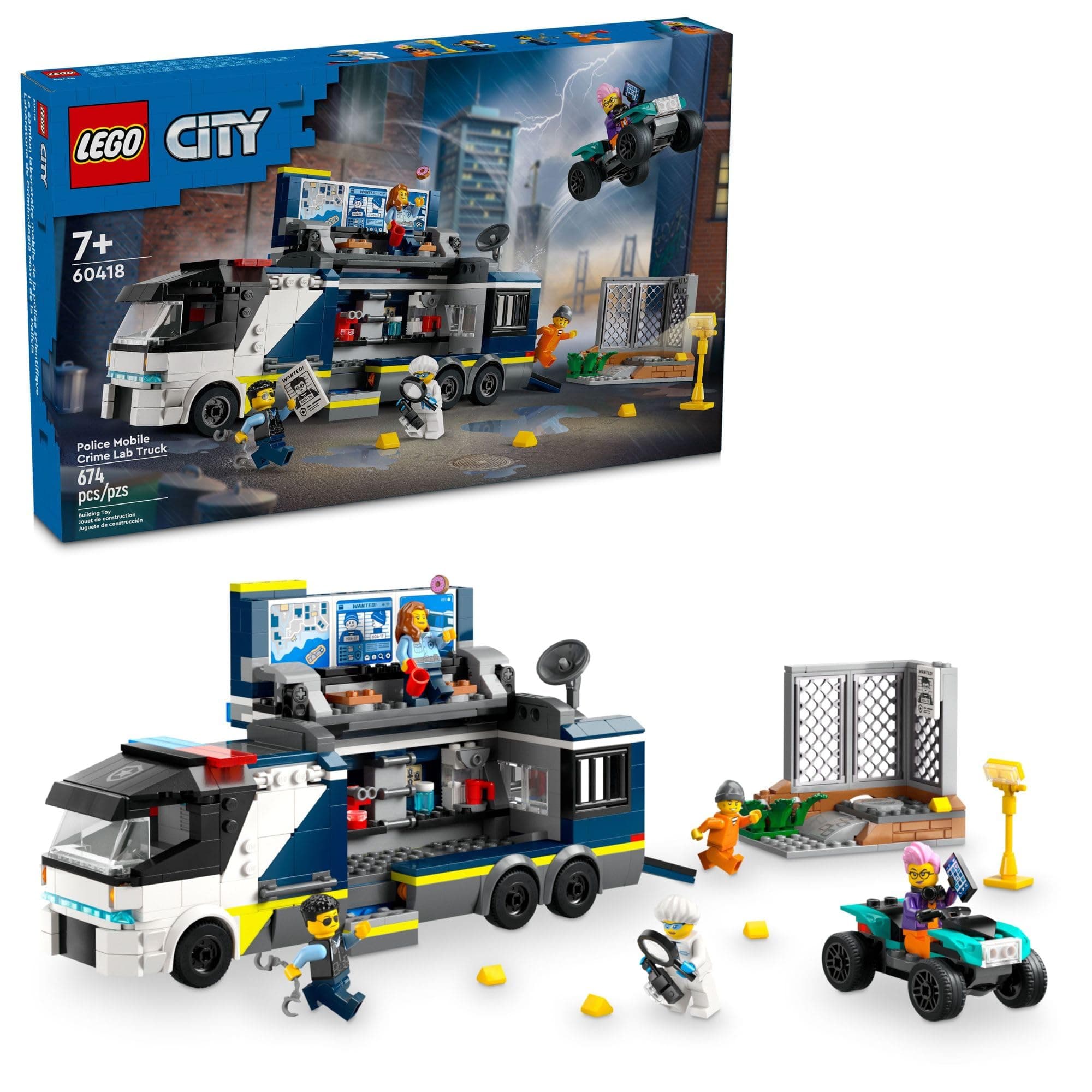 LEGO City Police Mobile Crime Lab Truck Toy, Pretend Play Police Toy, Includes Quad Bike, 2 Officers, 1 Scientist and 2 Crook Minifigures, Police Truck for Kids Ages 7 Plus, 60418