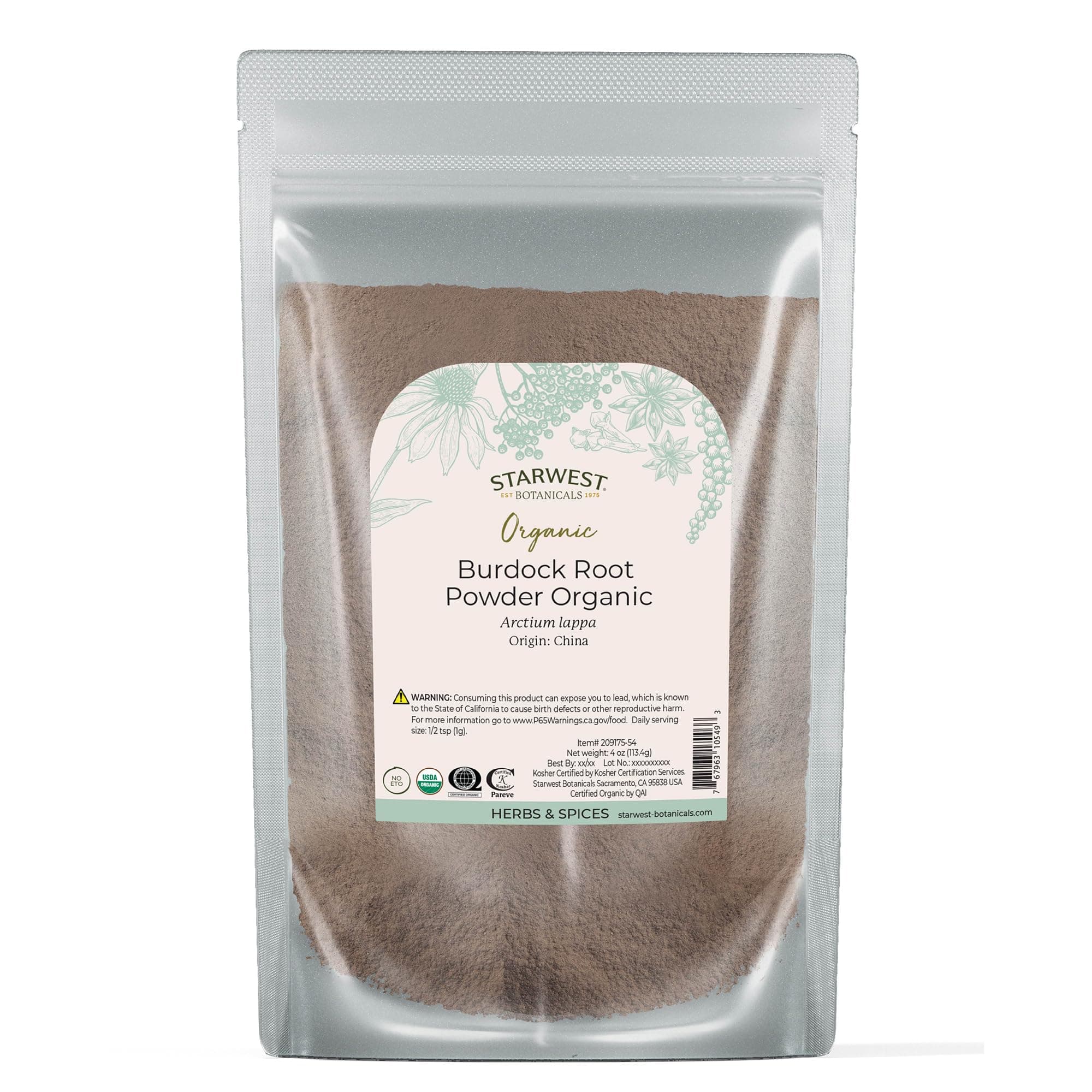 Burdock Root Powder Organic - Natural Loose Herb for Tea, Rice, Soup, & Stews, Certified Kosher, Non-GMO - 4 oz Pouch