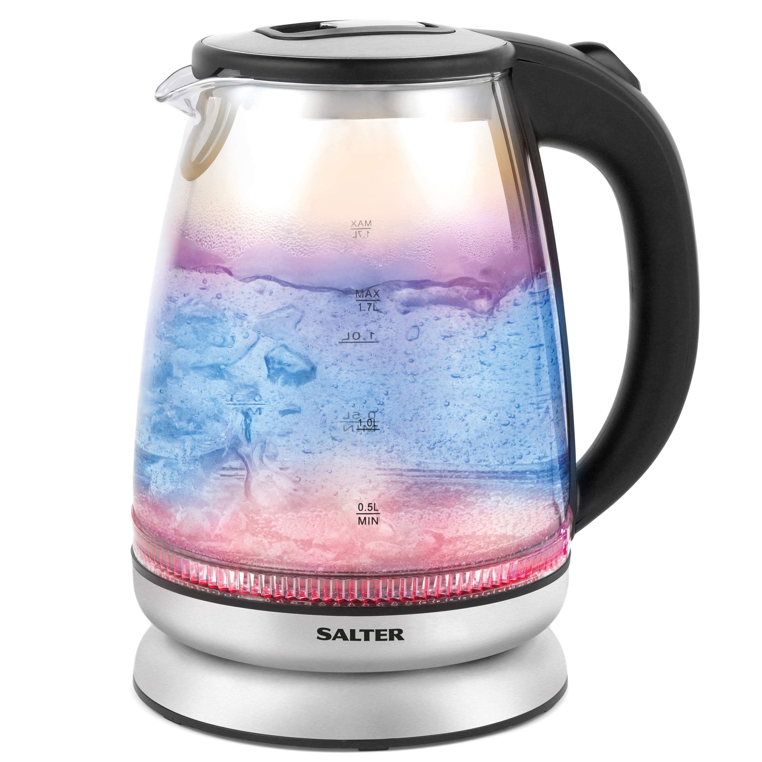 Salter EK2841IR Iridescent Colour Changing Kettle, Cordless Electric Glass Kettle with Illuminating LED Lighting, Boil-Dry Sensor & Anti-Lime Scale Filter, 360° Swivel Base, 1.7 Litre, 2200 W