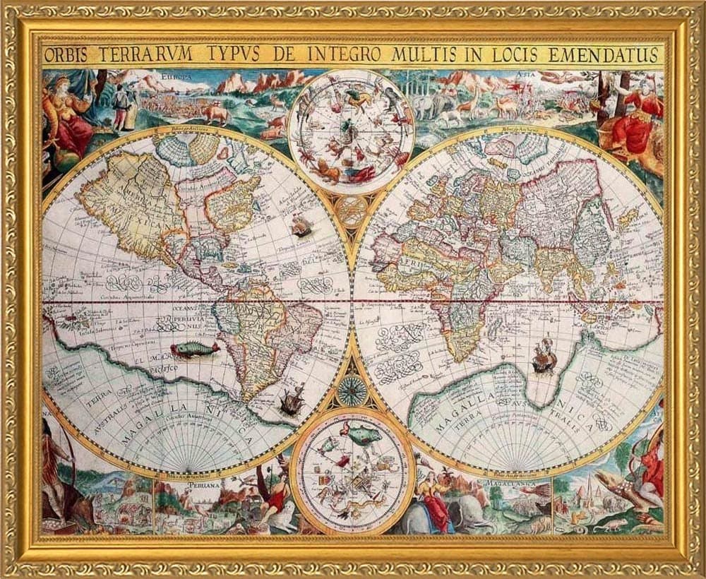 EuroGraphics Map of The World Orbis Terrarum, 1594 by Petrus Plancius Framed Print Poster Custom Made Real Wood Traditional Gold Frame (22 1/8 x 18 1/8")