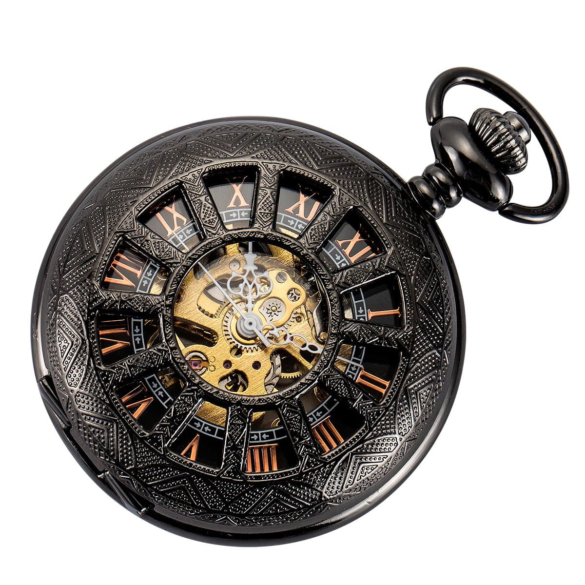 Pocket Watch Mechanical Skeleton Antique Men Bronze Roman Numerals Hand Wind