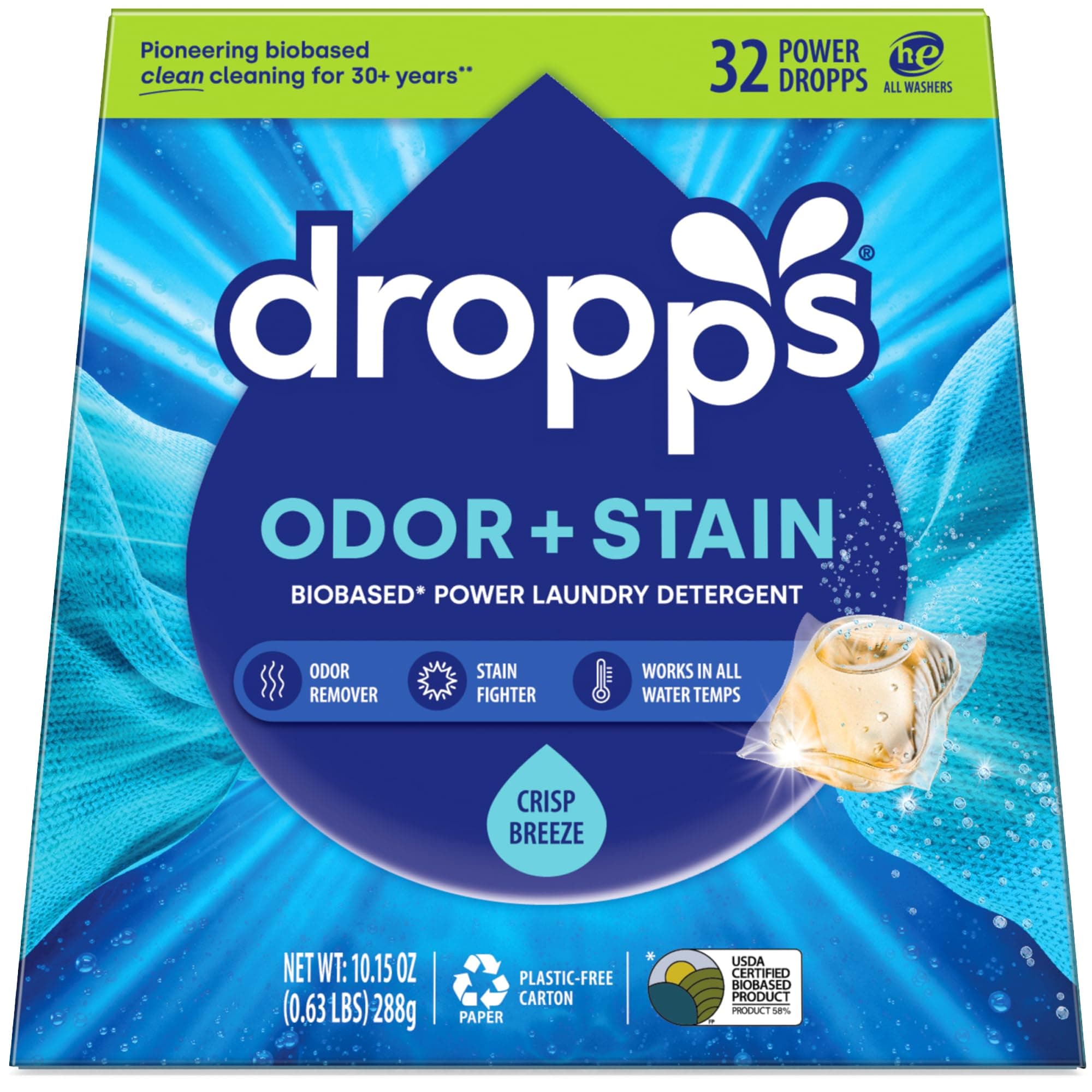 Stain & Odor Laundry Detergent Pods: Clean Scent | 32 Count | Deep Cleans Fabrics | Keeps Clothes Fresh | Prevents Odors | HE | Powered by Natural Plant-Based Ingredients | Low Waste Packaging