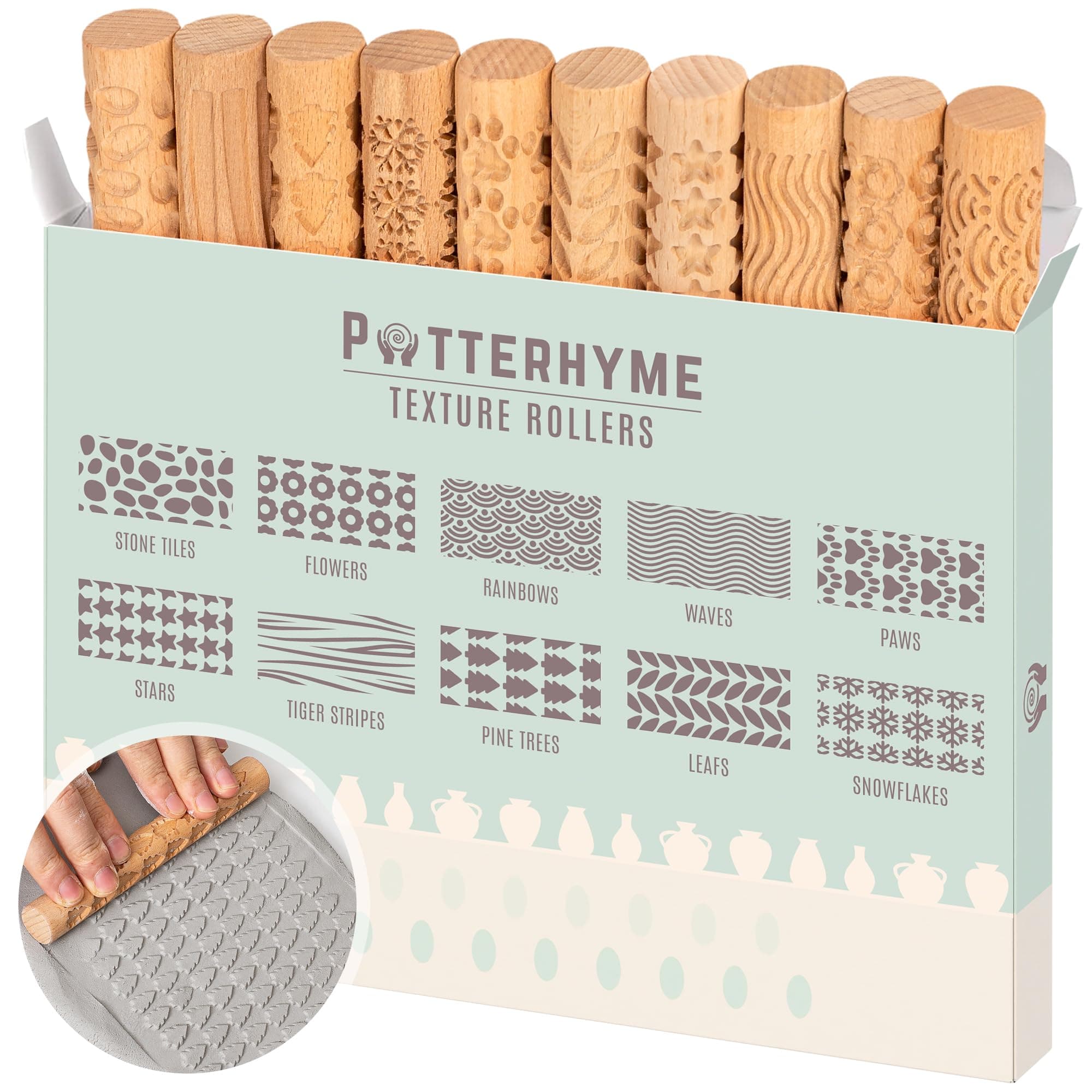10pcs Wooden Clay Texture Rollers Set for Pottery & Ceramics - Potters Stamp Roller Tools for Ceramic Slabs - Textured Rolling Pins for Modeling, Painting & Glaze Design - 5 x 0.63 inch