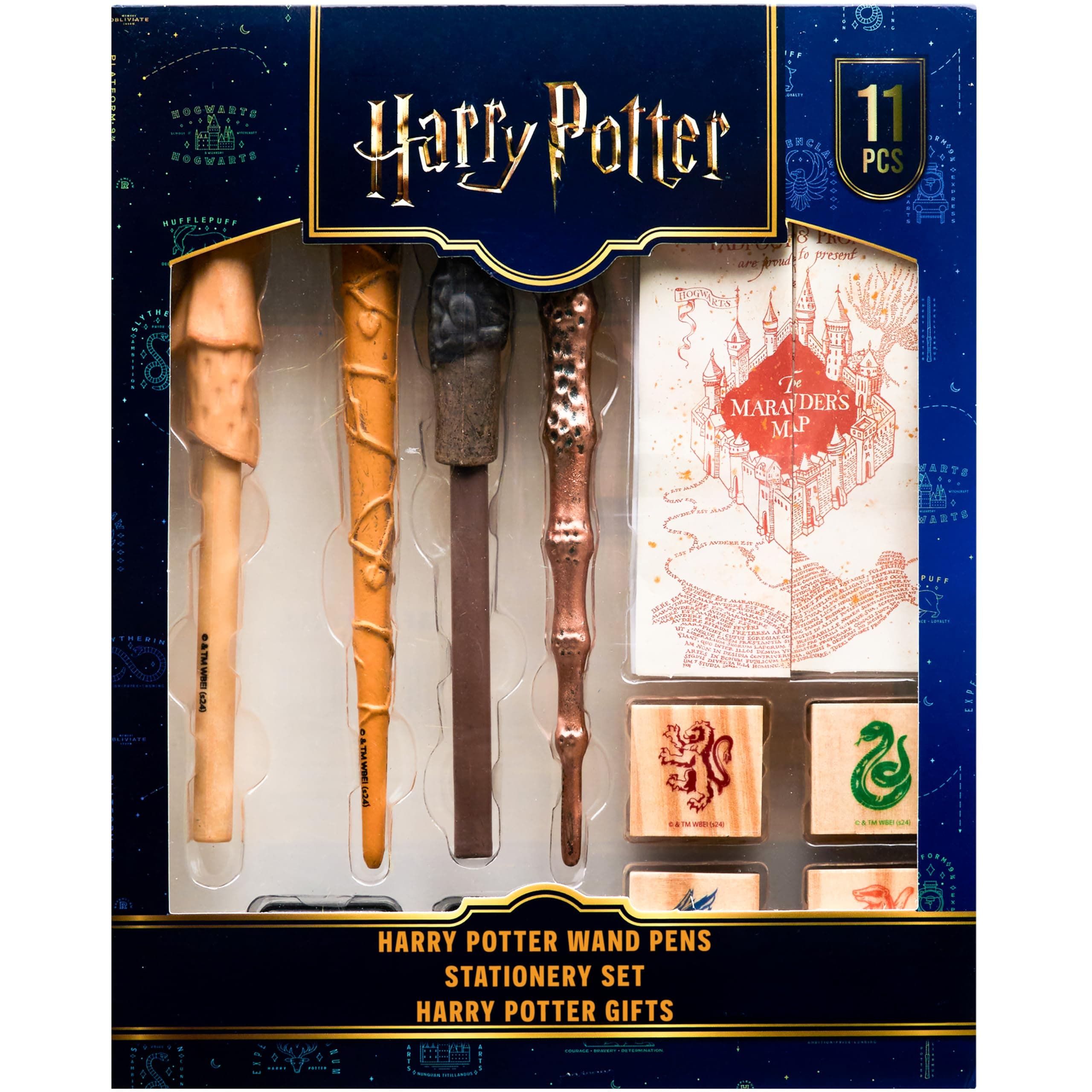 Stationary Set for Boys Girls with 4 Wand Pens Black Ink Marauders Map Hogwarts House Stamp Kit Cute School Supplies Gifts for Kids