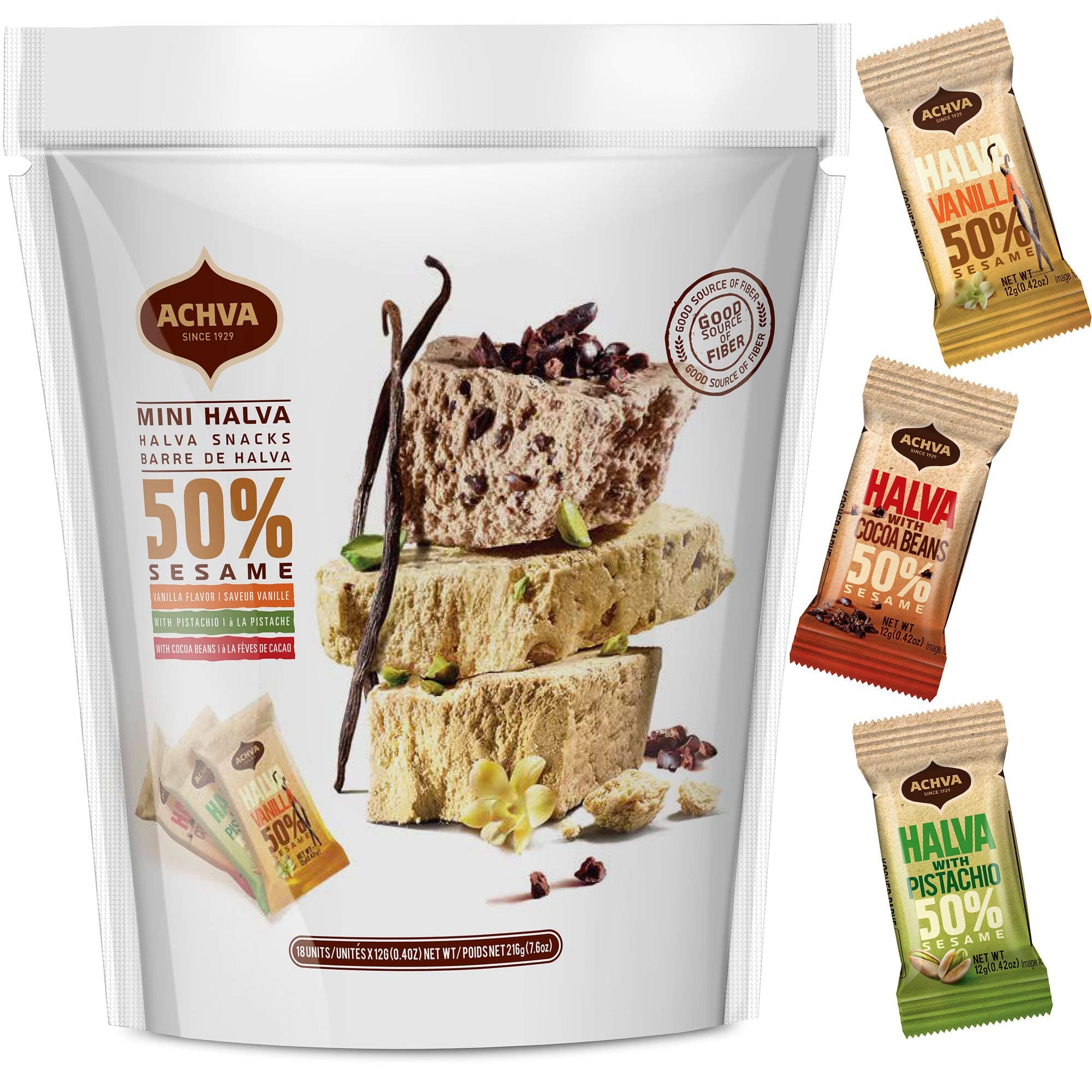 Halva Tahini Bar Mini Snacks – Assortment of 18 Snack-Sized Halvah Pistachio, Vanilla, and Cocoa Bean Israeli Snacks – Vegan, Kosher Snacks with No Gluten or Lactose by Achva, 12 g. Each